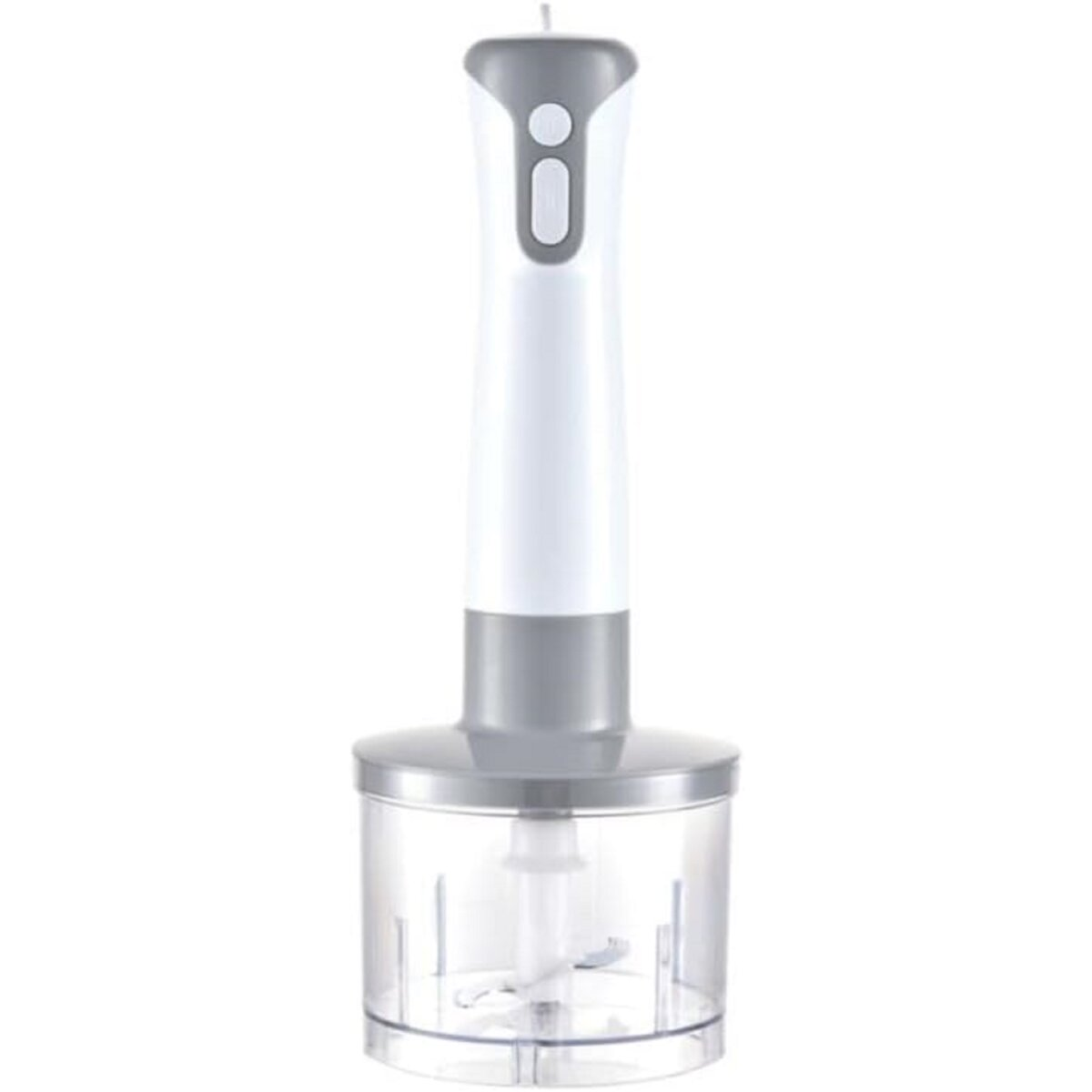 Biało-szary blender ręczny z przezroczystym plastikowym pojemnikiem do blendowania, na białym tle.