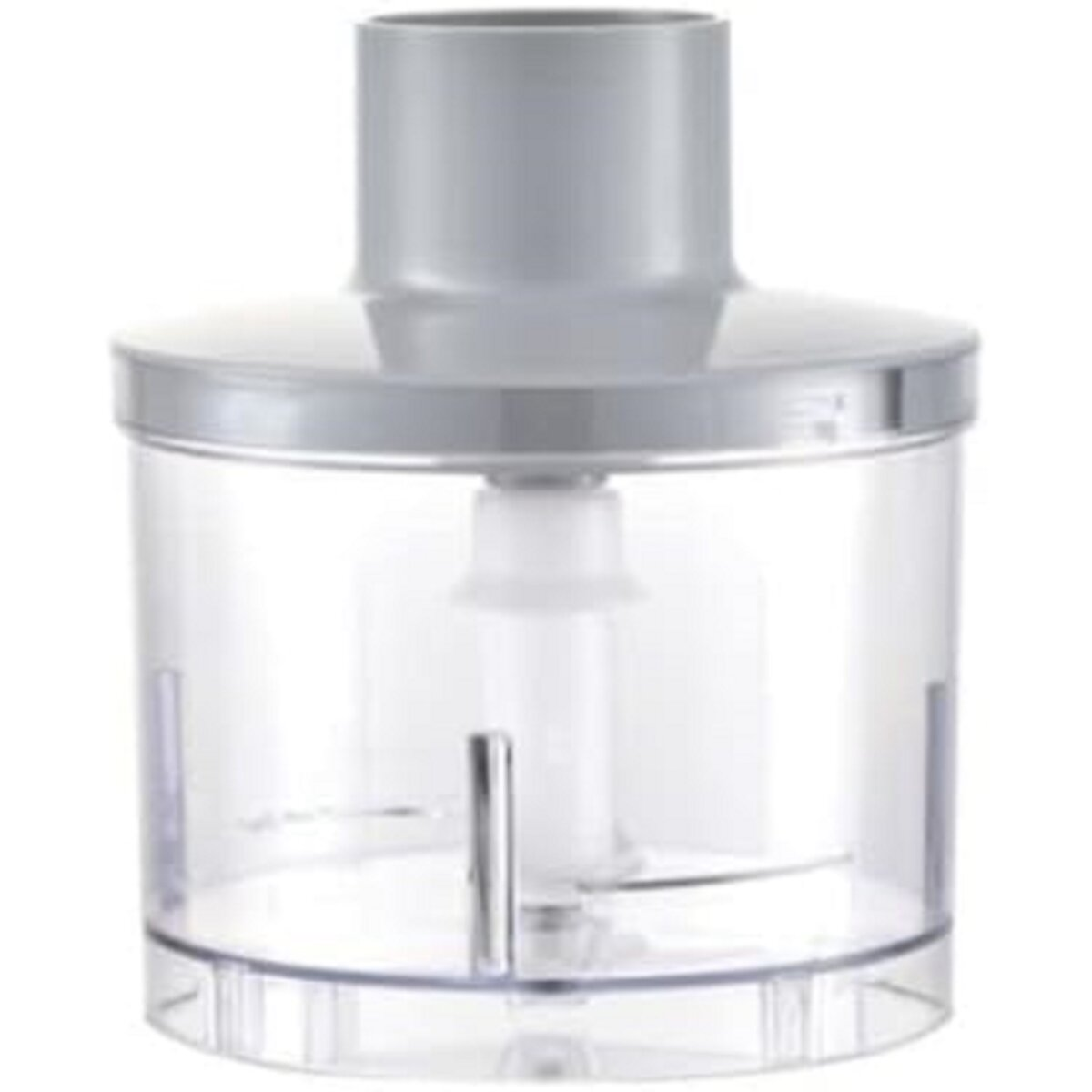 Przezroczysty plastikowy rozdrabniacz ze srebrnym ostrzem wewnątrz i srebrną pokrywą.