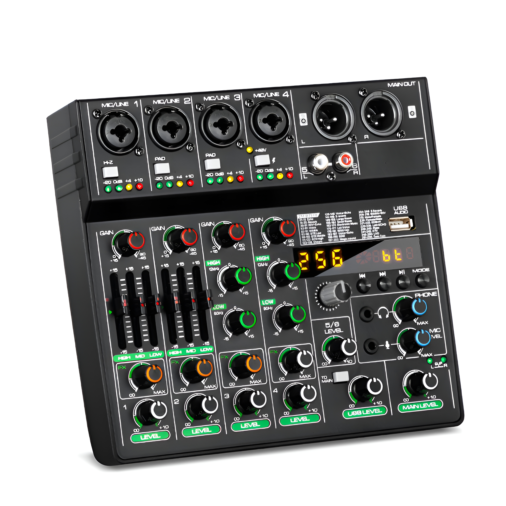 Ein schwarzes Audiomischpult mit mehreren Knöpfen, Tasten und digitaler Anzeige auf weißem Hintergrund.