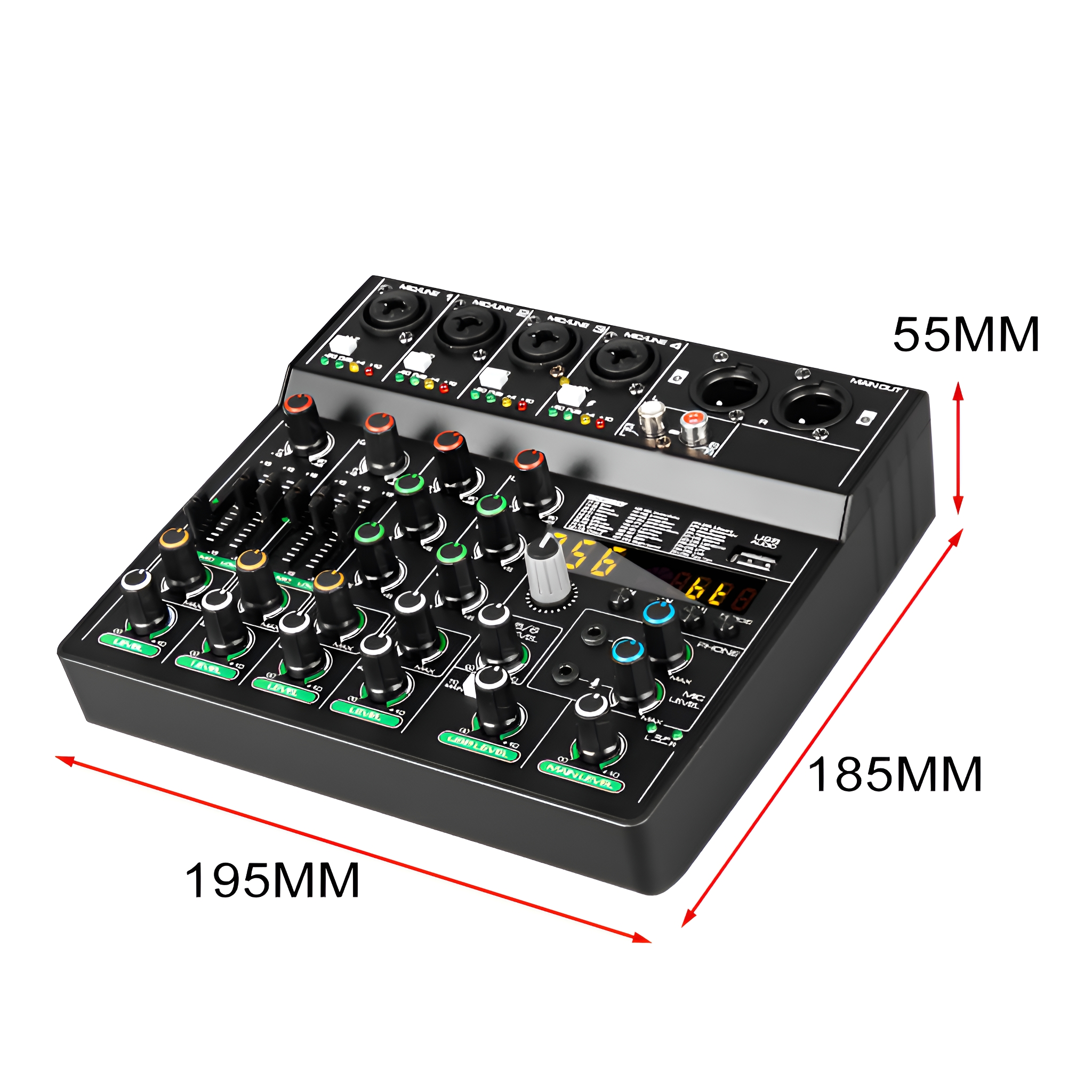 Schwarzer Audiomixer mit Knöpfen, Schiebereglern und Tasten, mit Maßen.