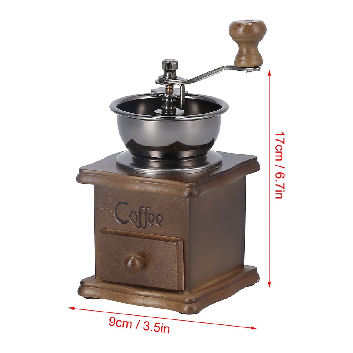 Eine hölzerne Kaffeemühle mit Schublade. Sie hat eine Metallschüssel und einen Griff. Maße sind angegeben.