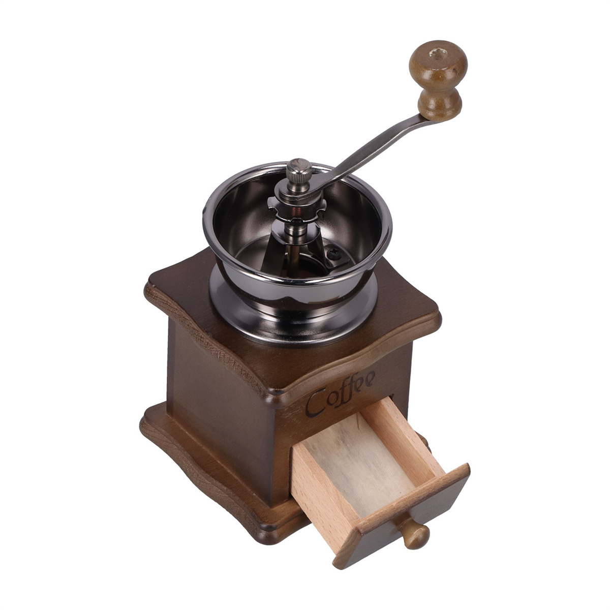 Holzkaffeemühle mit geöffneter Schublade. Ein Griff befindet sich oben. Sie steht auf weißem Untergrund.