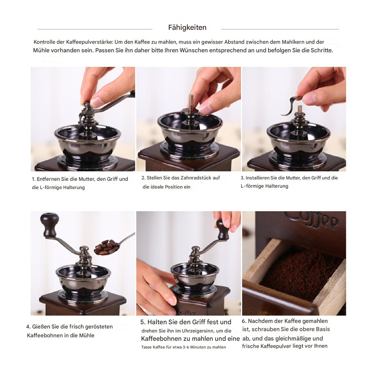 Kaffeemühle mit Anweisungen. Zeigt Schritte wie Teile entfernen, Bohnen hinzufügen und Kaffee mahlen.