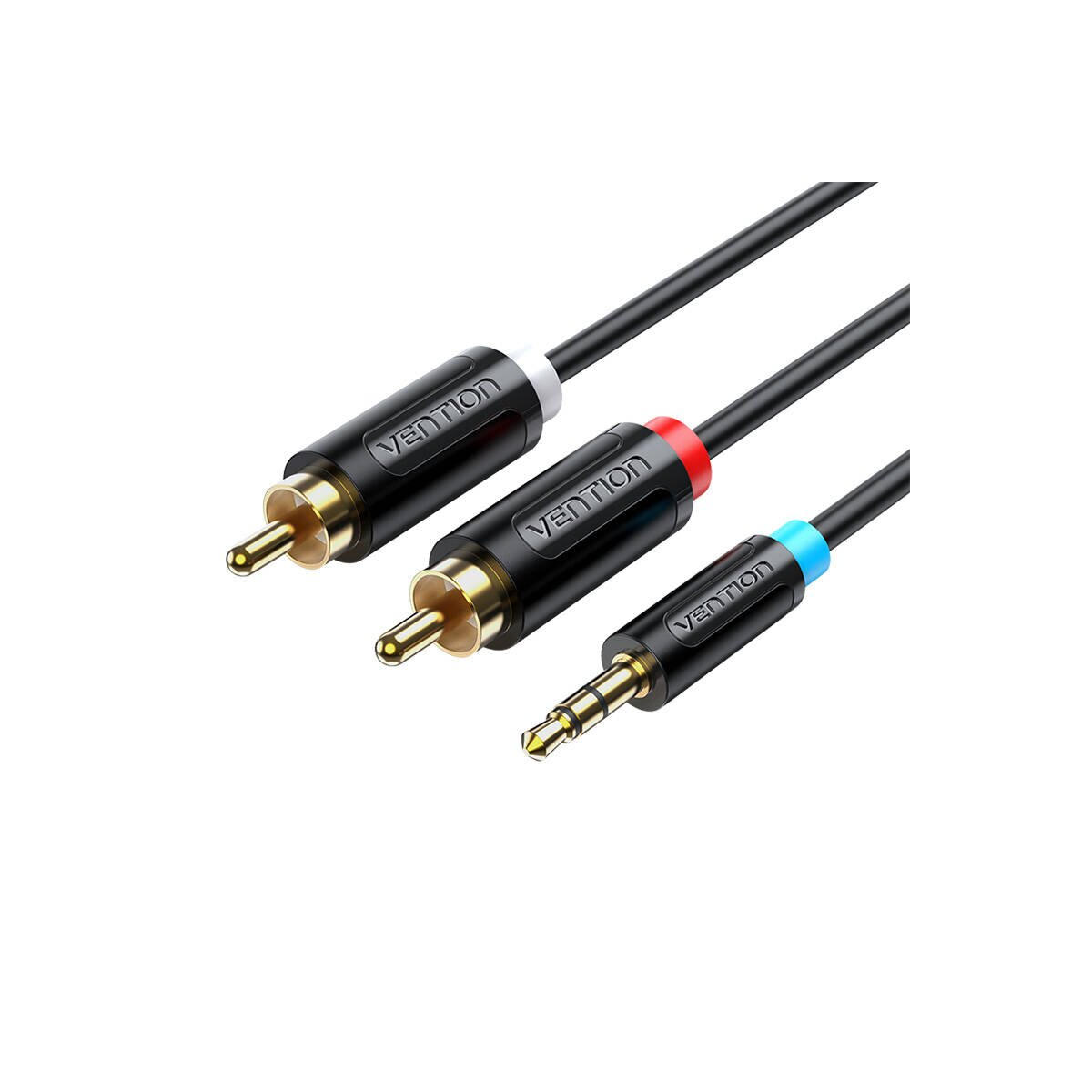 Trzy kable audio z różnymi złączami, marki Vention, na białym tle.