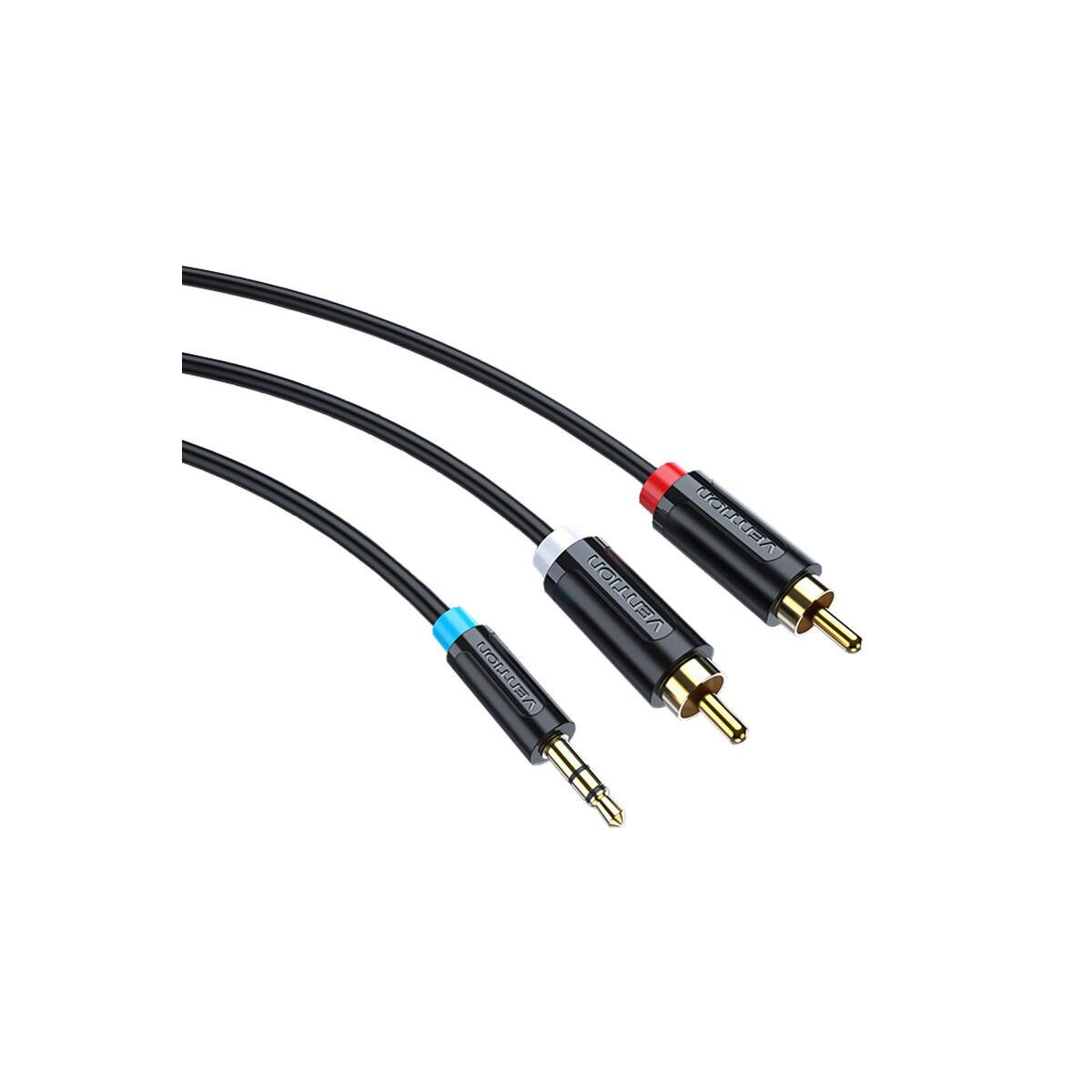 Trzy kable audio: 3,5 mm do RCA i dwa kable RCA z czerwonymi i niebieskimi wtyczkami.