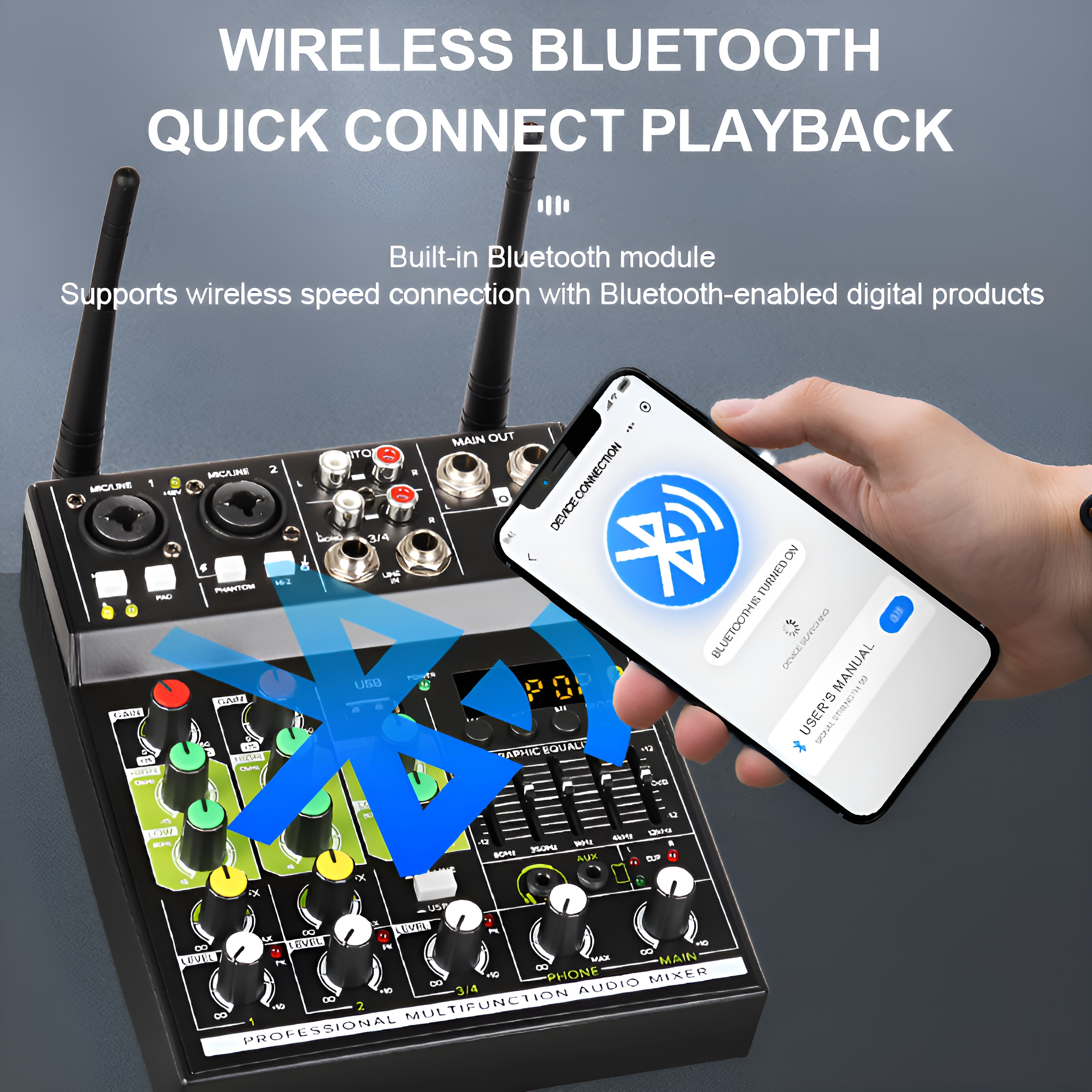 Ein schwarzer Audiomixer mit einem Telefon, das eine Bluetooth-Verbindung zeigt, auf weißem Hintergrund.