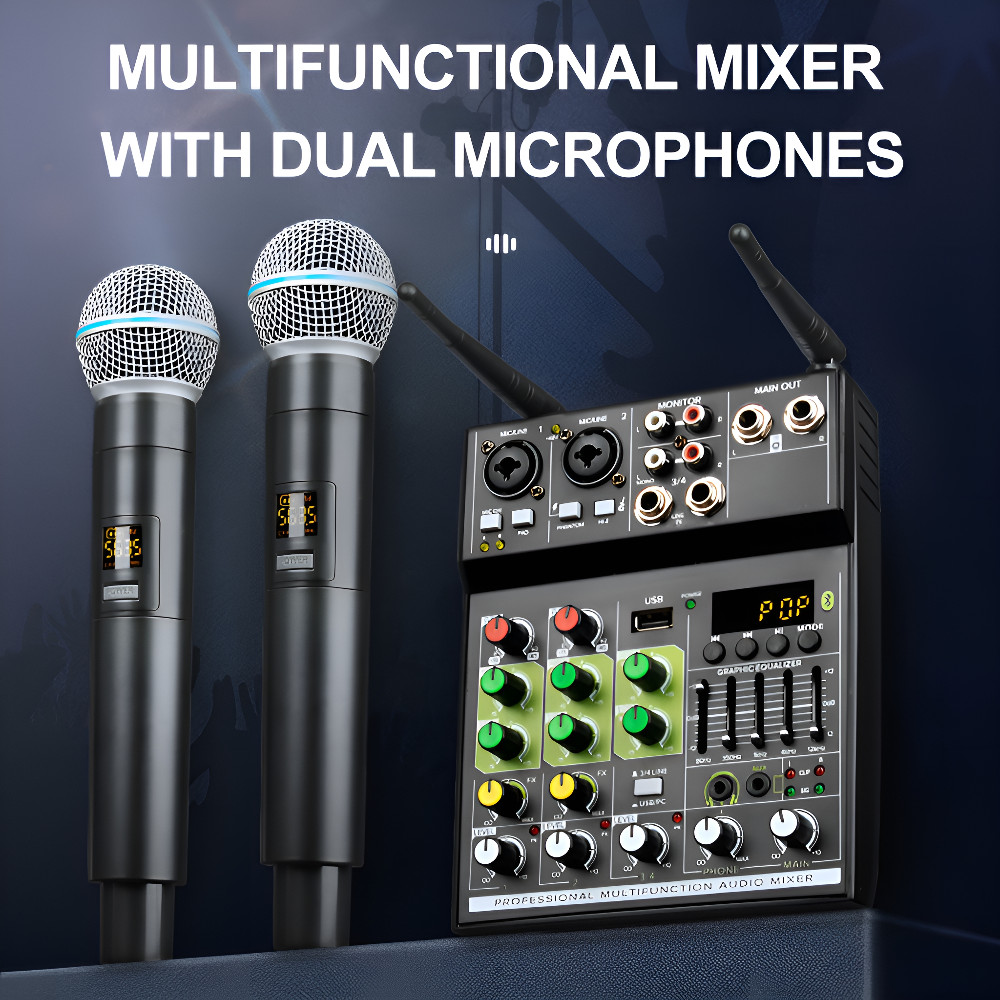Multifunktionaler Mixer mit zwei Mikrofonen und Bedienfeld. Text: Multifunktionaler Mixer.