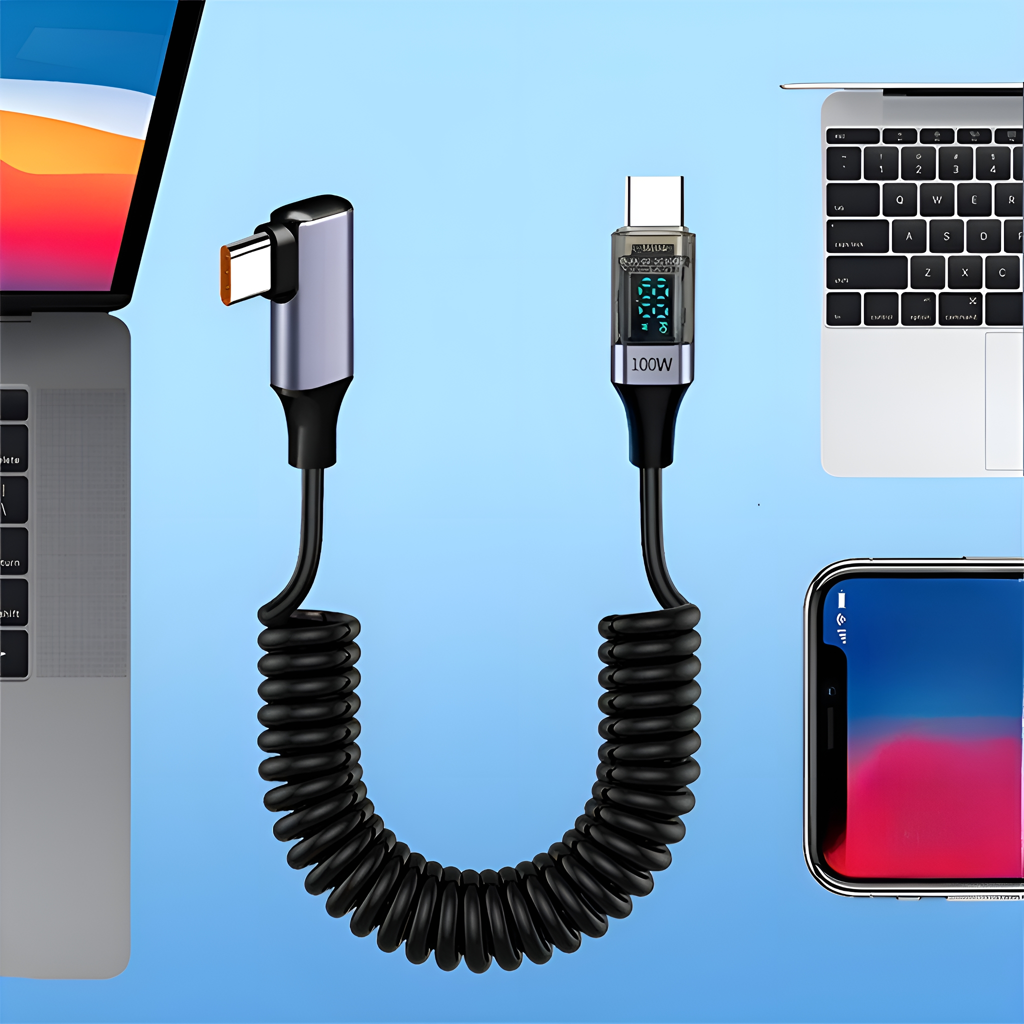 USB-C-Ladekabel mit digitaler Anzeige, an Laptop und Telefon angeschlossen.