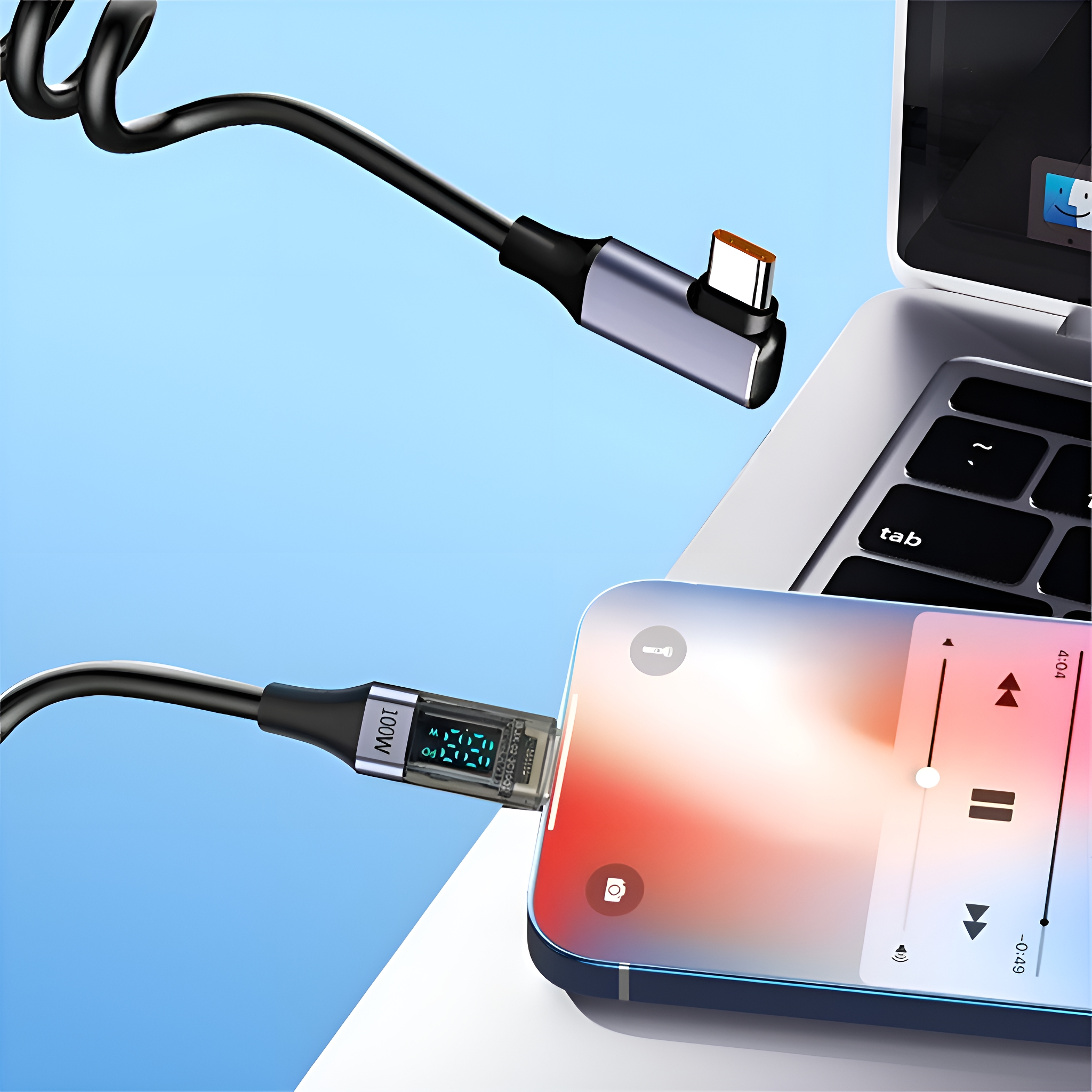 Ein Telefon lädt mit einem USB-C-Kabel und zeigt die Musikwiedergabe auf dem Bildschirm.