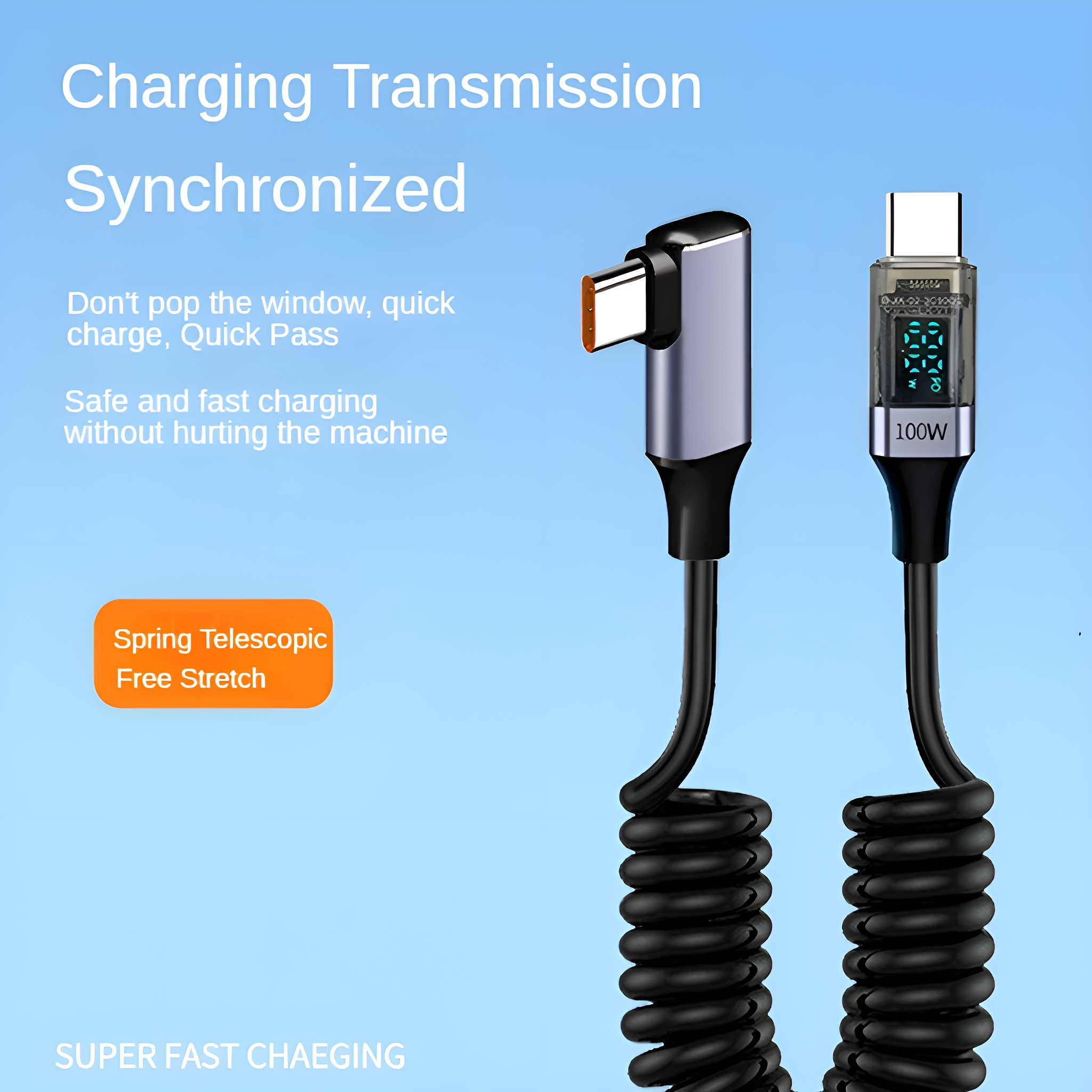 Zwei schwarze USB-C-Kabel mit Text, eines abgewinkelt, das andere mit Display, auf blauem Farbverlauf.