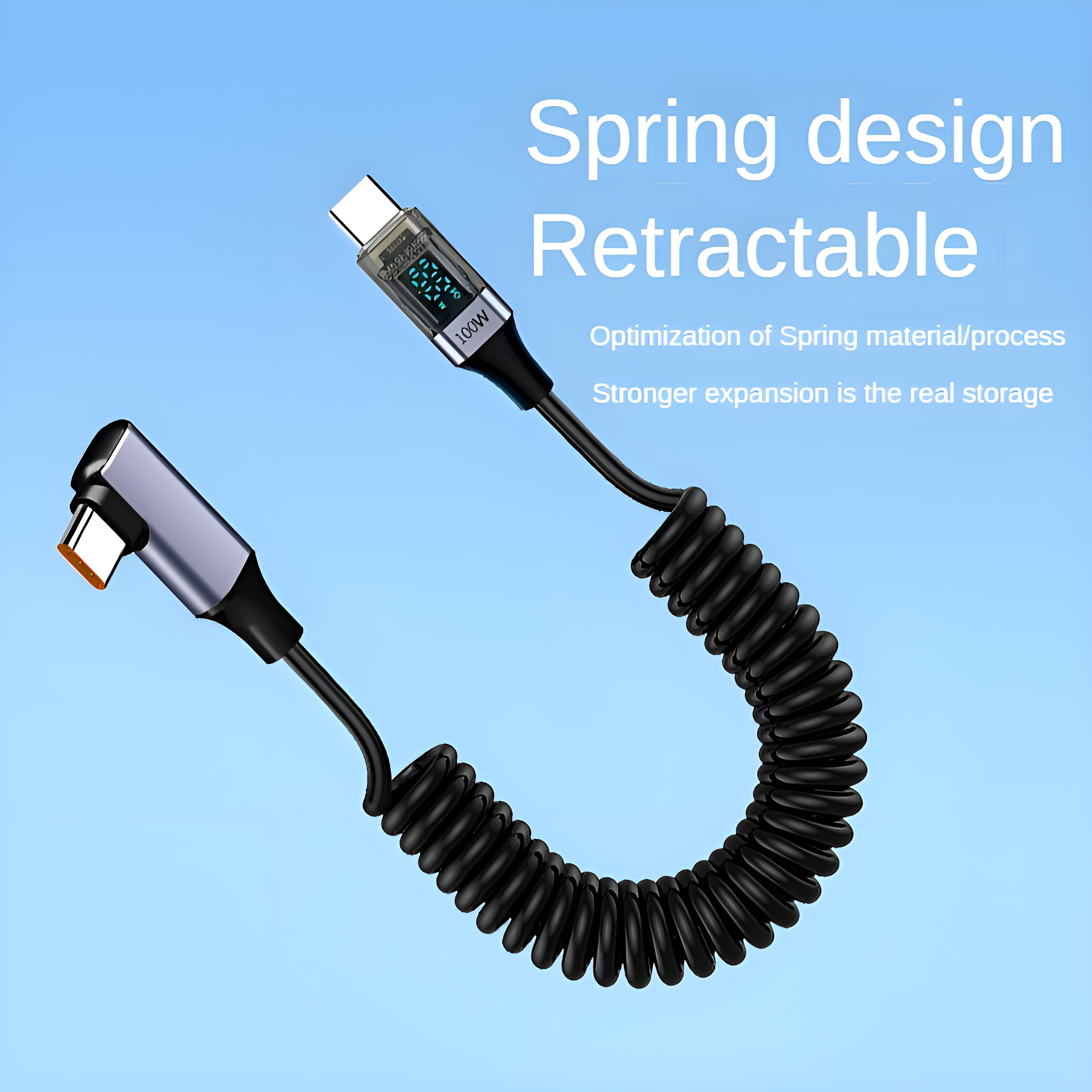 Ein schwarzes, spiralförmiges Ladekabel mit USB-C-Anschlüssen. Der Hintergrund ist blau.