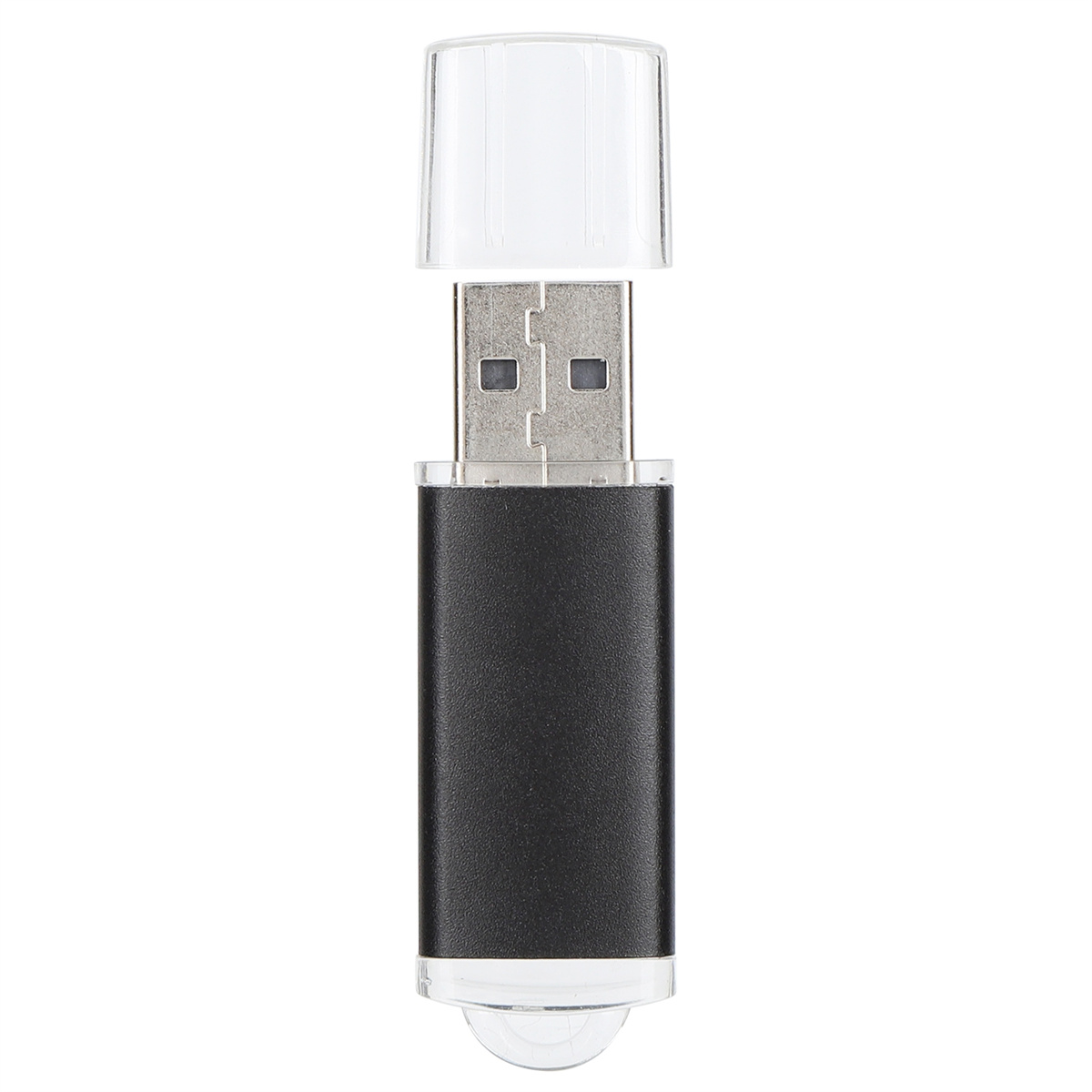 Ein schwarzer USB-Stick mit transparentem Deckel, der den USB-Anschluss zeigt.
