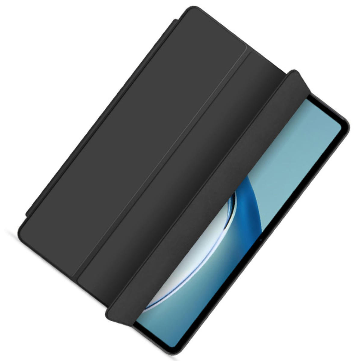 Eine schwarze Tablet-Hülle, die geöffnet ist, um einen Tablet-Bildschirm freizugeben. Die Hülle befindet sich auf weißem Hintergrund.