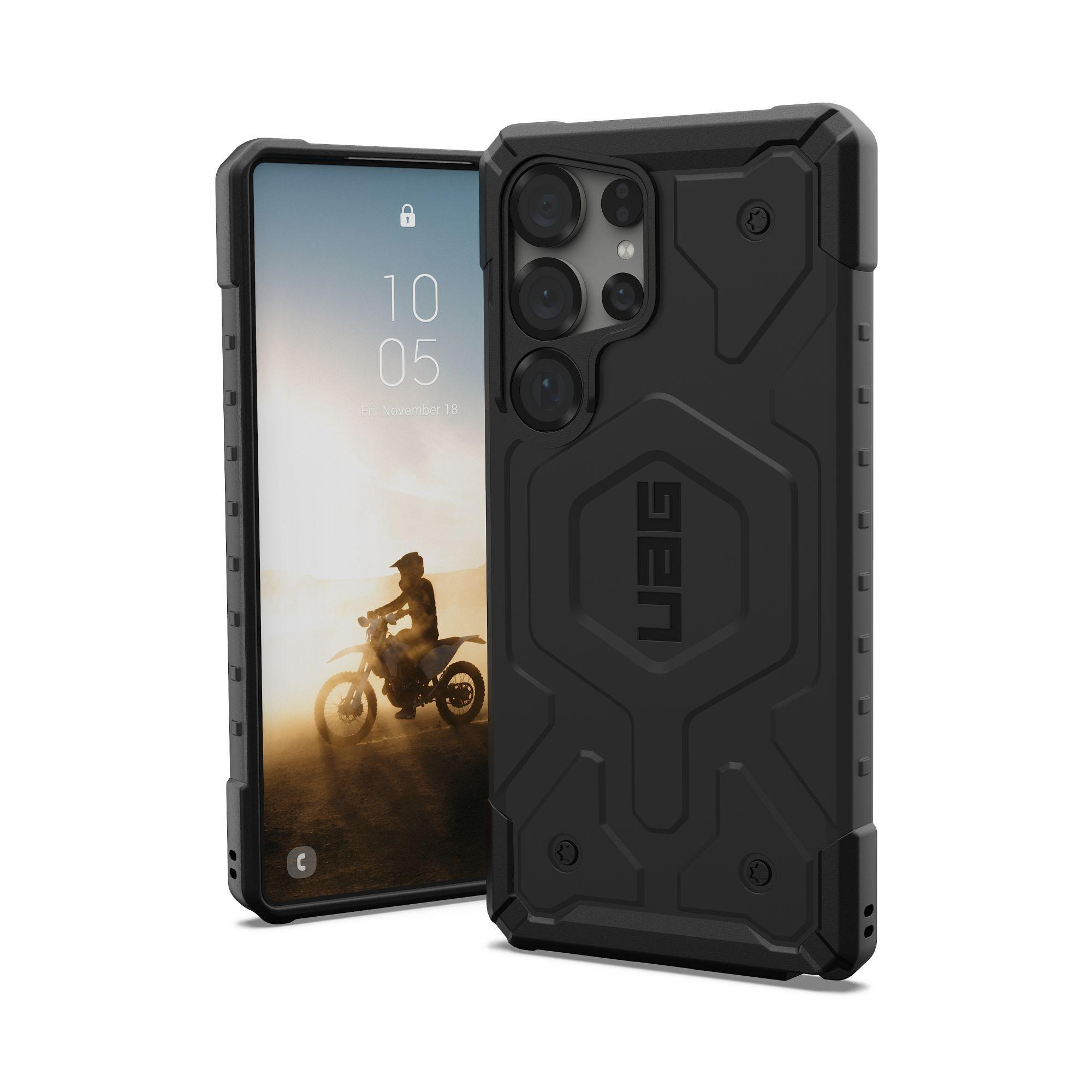 Zwarte telefoonhoes met een zwarte telefoon erin, met een motorfietsafbeelding op het scherm.