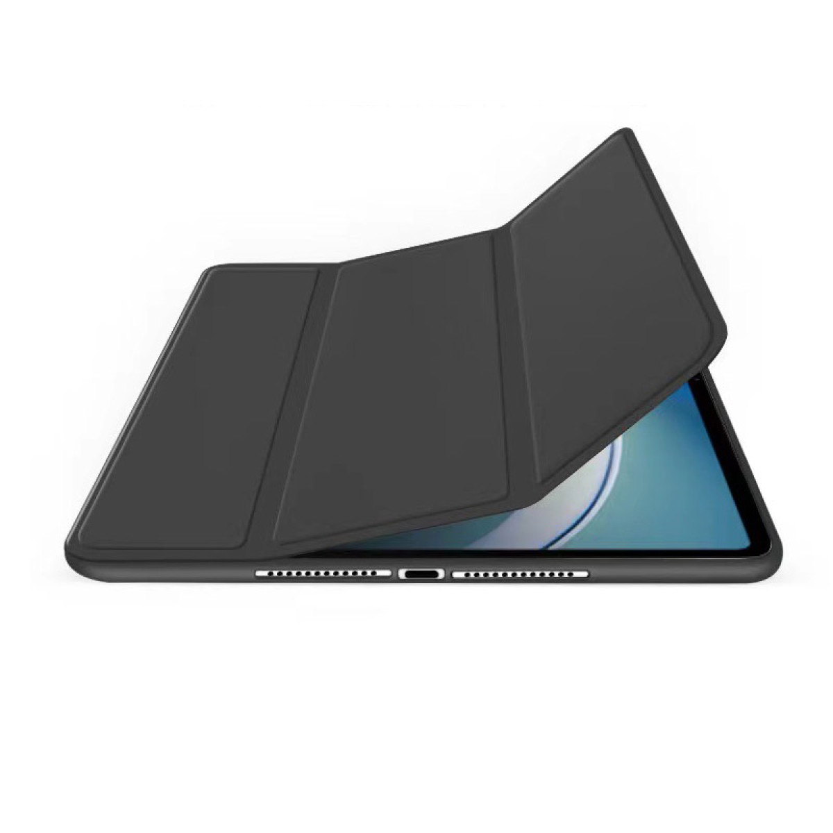 Schwarzes Tablet mit teilweise geöffneter Hülle, das den Bildschirm freigibt, auf weißem Hintergrund.