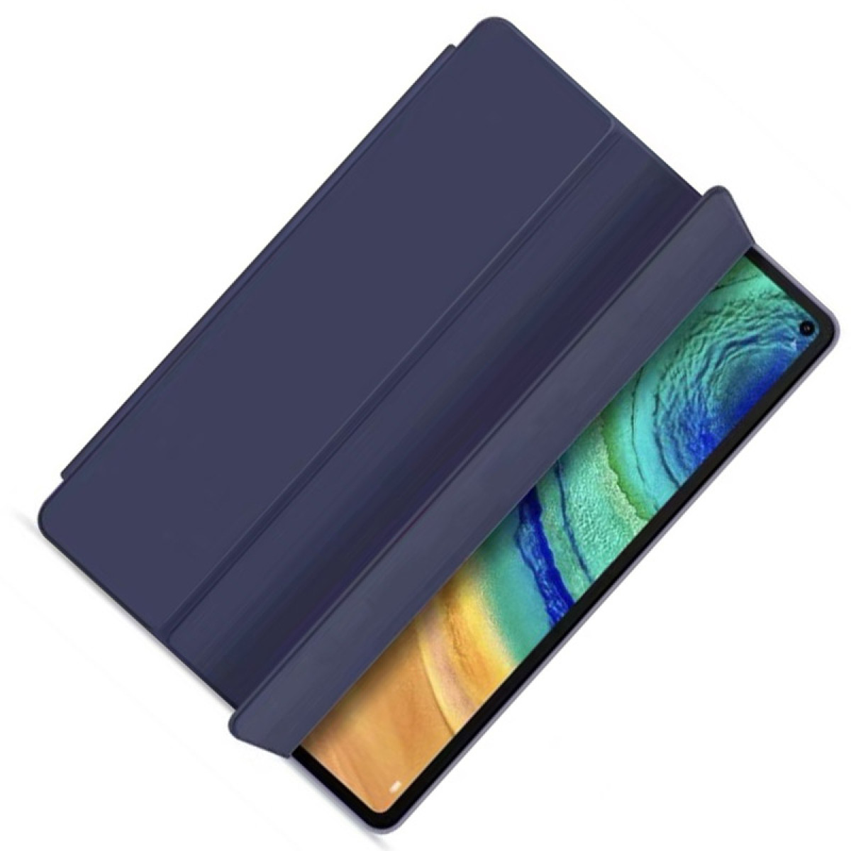 Ein Tablet in einem blauen Case, teilweise geöffnet, zeigt den Bildschirm. Das Case liegt auf weißem Untergrund.