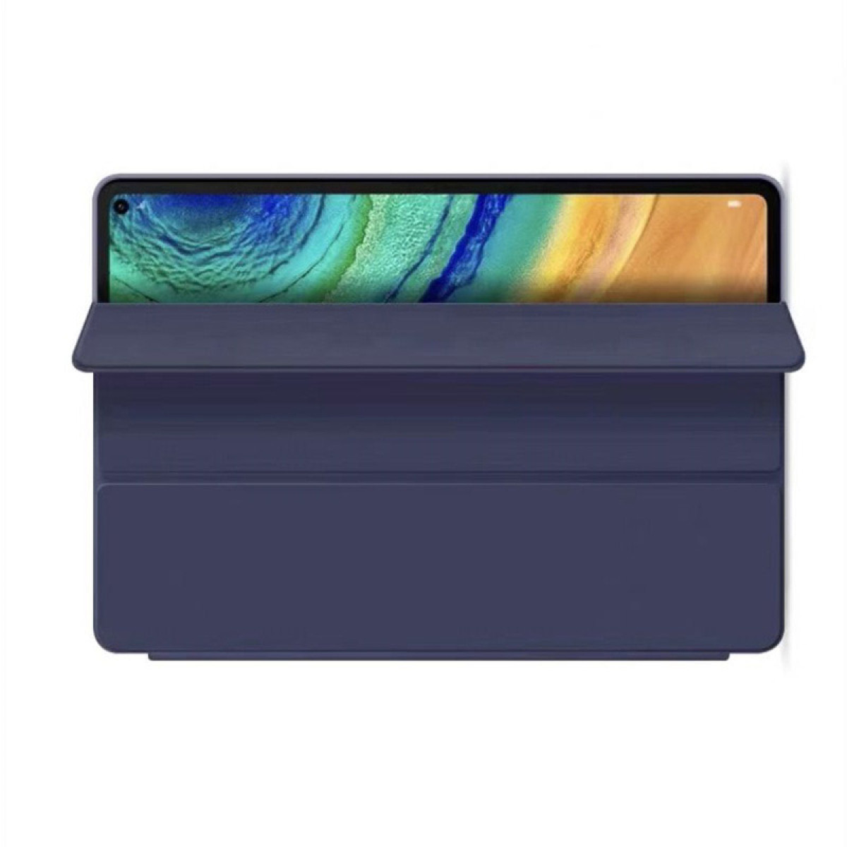 Blaue Tablethülle mit Tablet darin. Dunkelblaue Farbe.