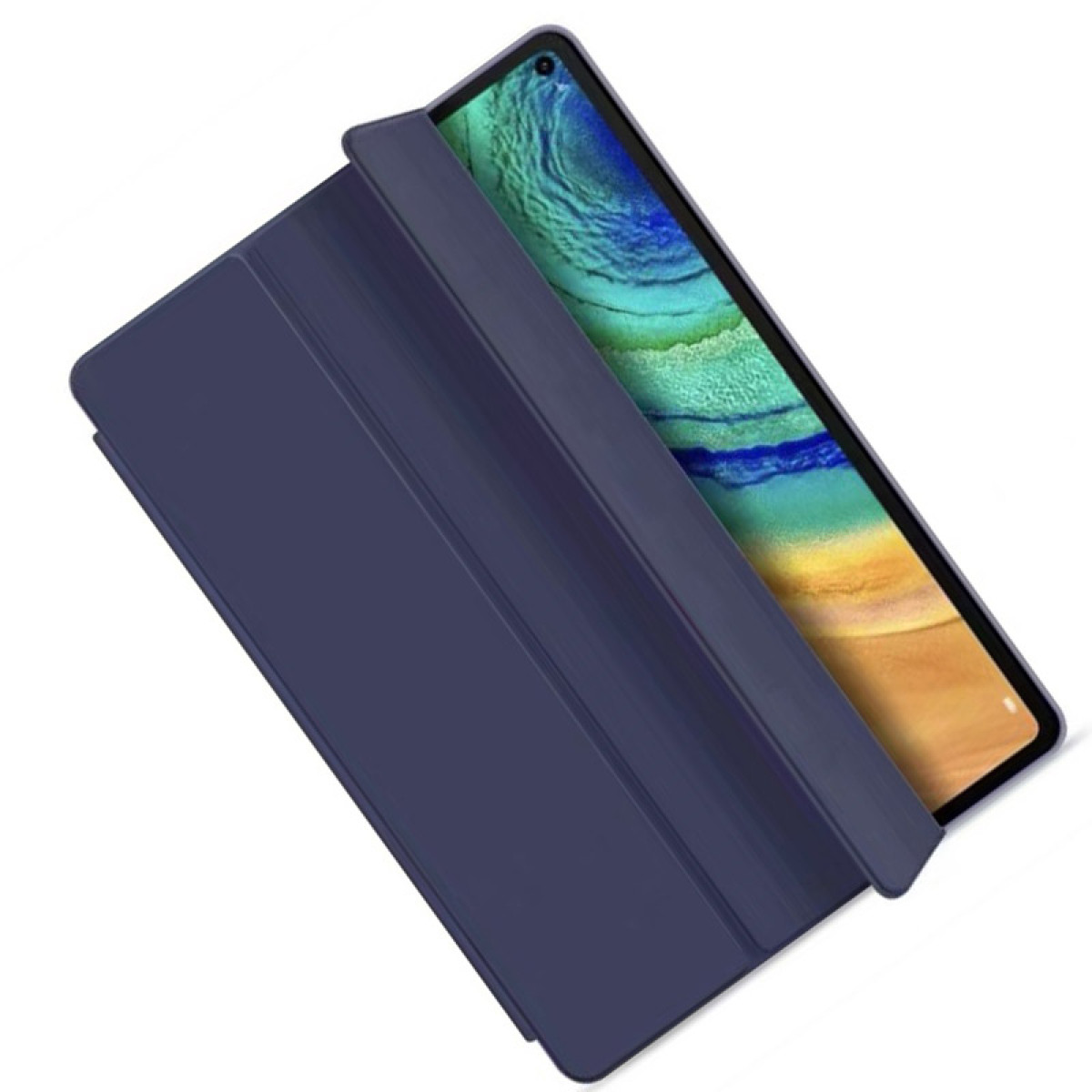 Ein Tablet mit blauem Cover, geöffnet, um den Bildschirm zu zeigen. Weißer Hintergrund.