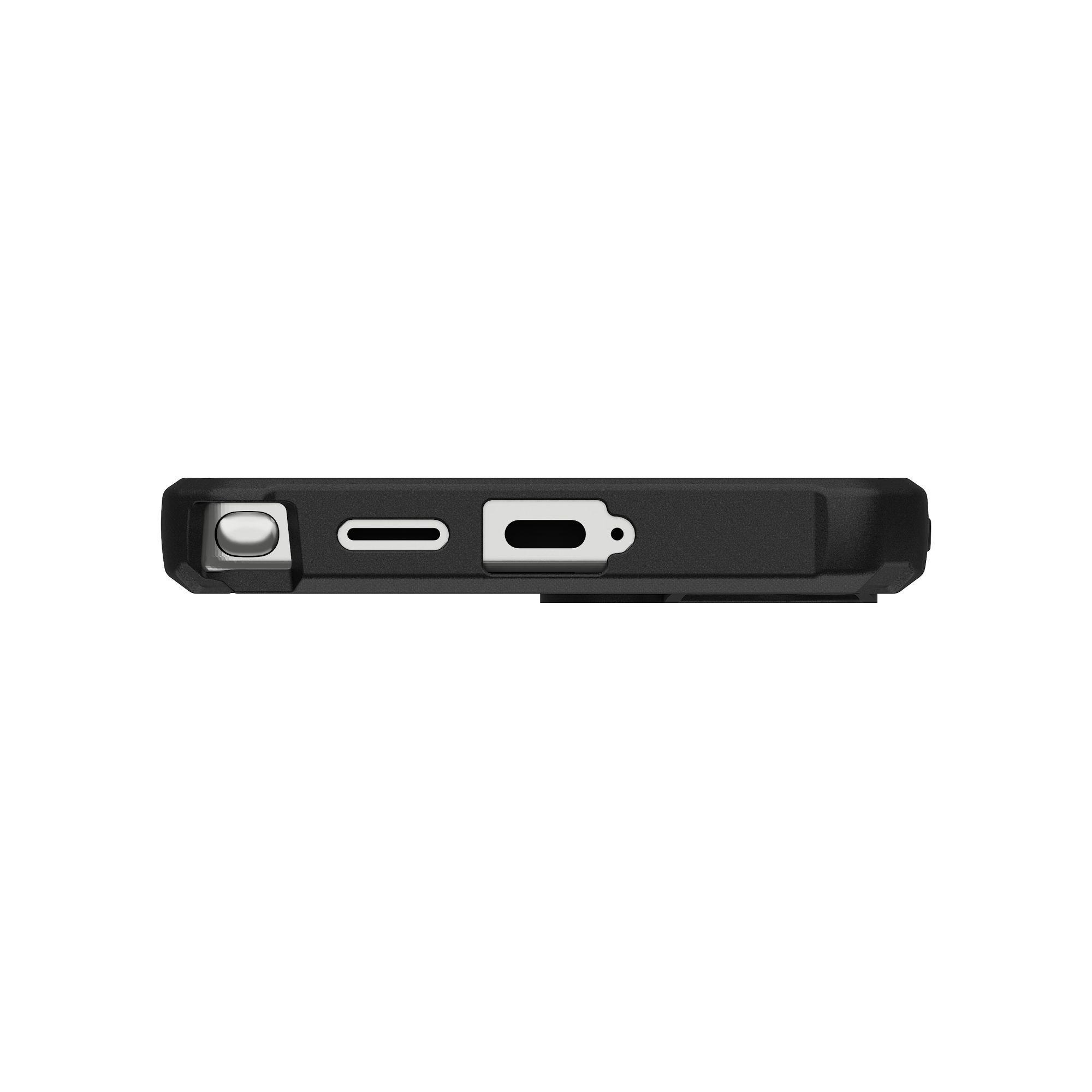 Een zwarte telefoonhoes met uitsparingen voor poorten en knoppen. Zichtbaar zijn een oplaadpoort en een andere poort.