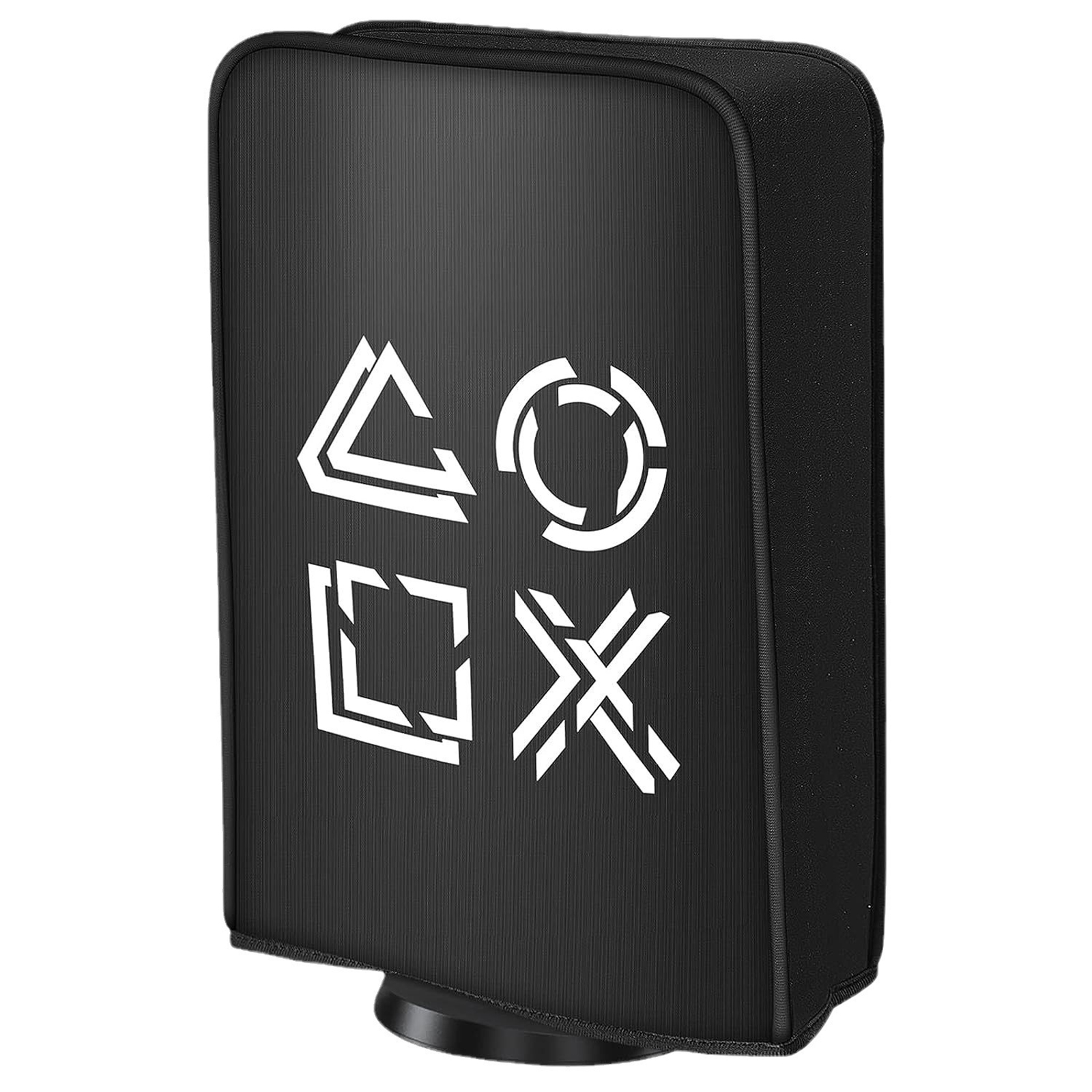Schwarze Konsolenabdeckung mit PlayStation-Symbolen. Die Abdeckung steht auf einem schwarzen Sockel.