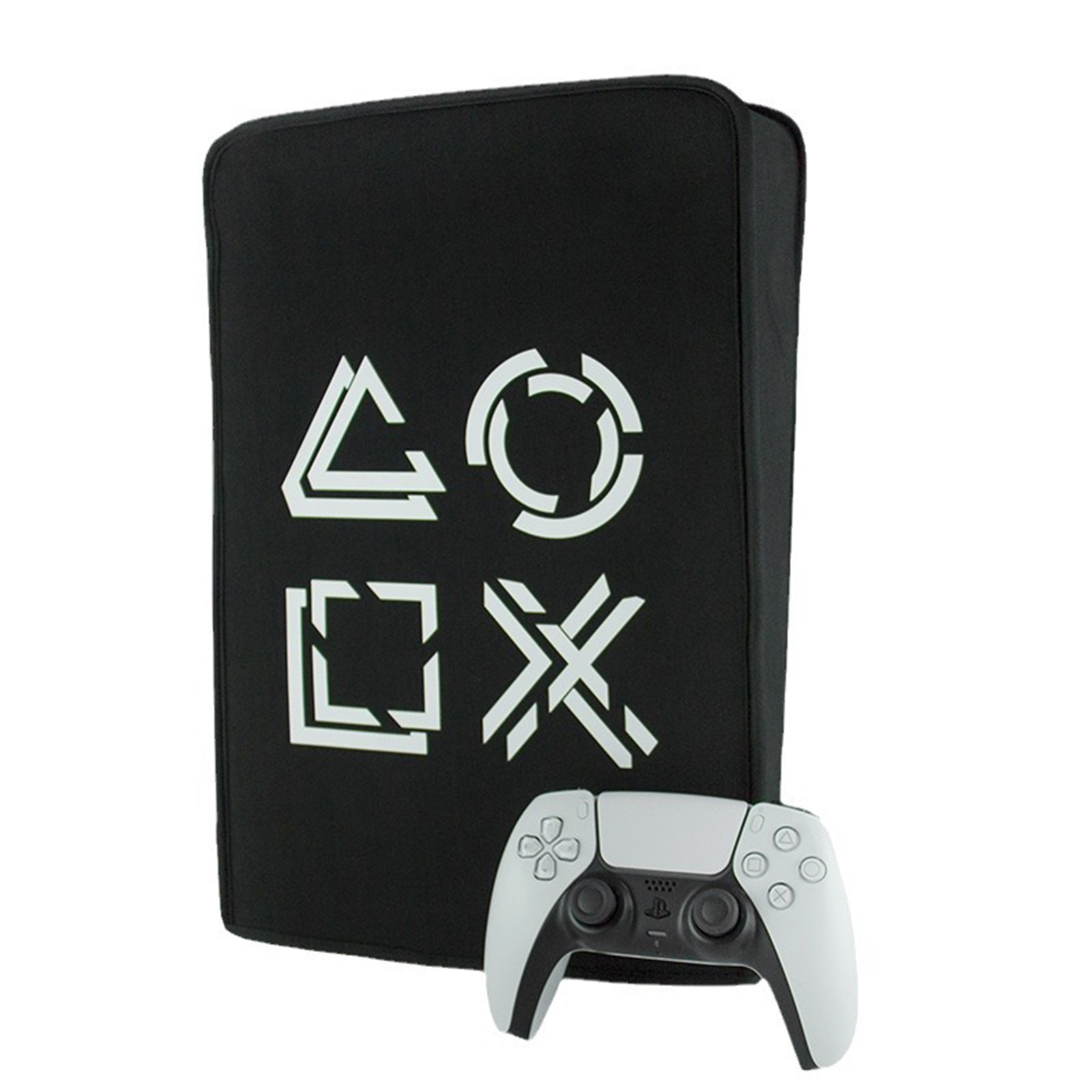 Schwarze PlayStation 5-Abdeckung mit Controller und PlayStation-Symbolen.