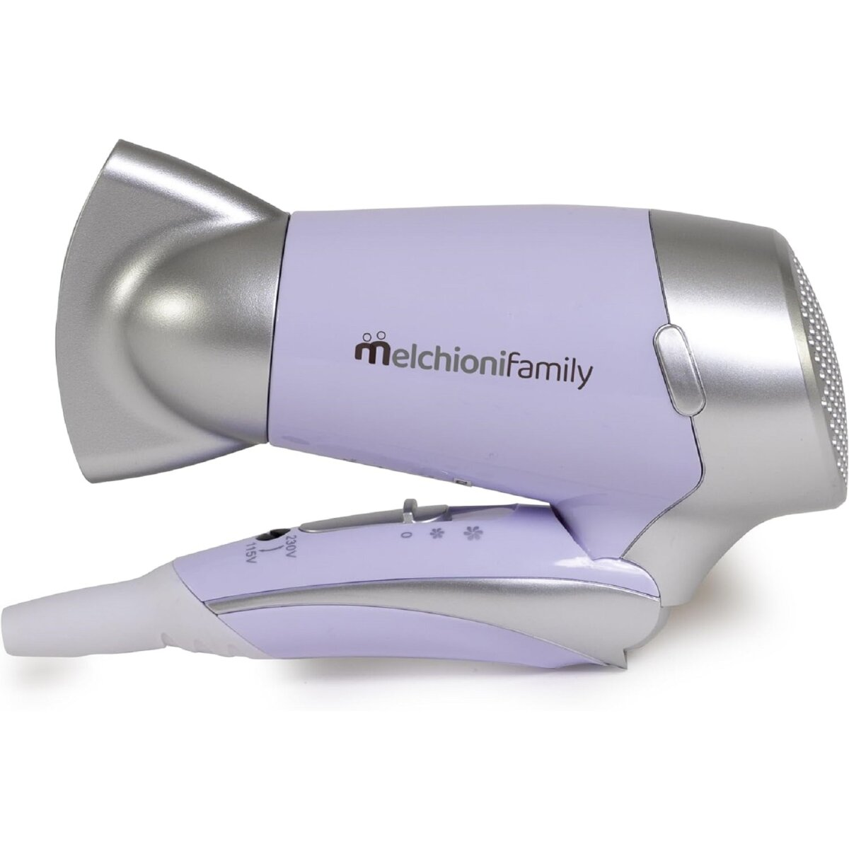 Ein lavendelfarbener und silberner Haartrockner mit dem MelchioniFamily-Logo, isoliert.
