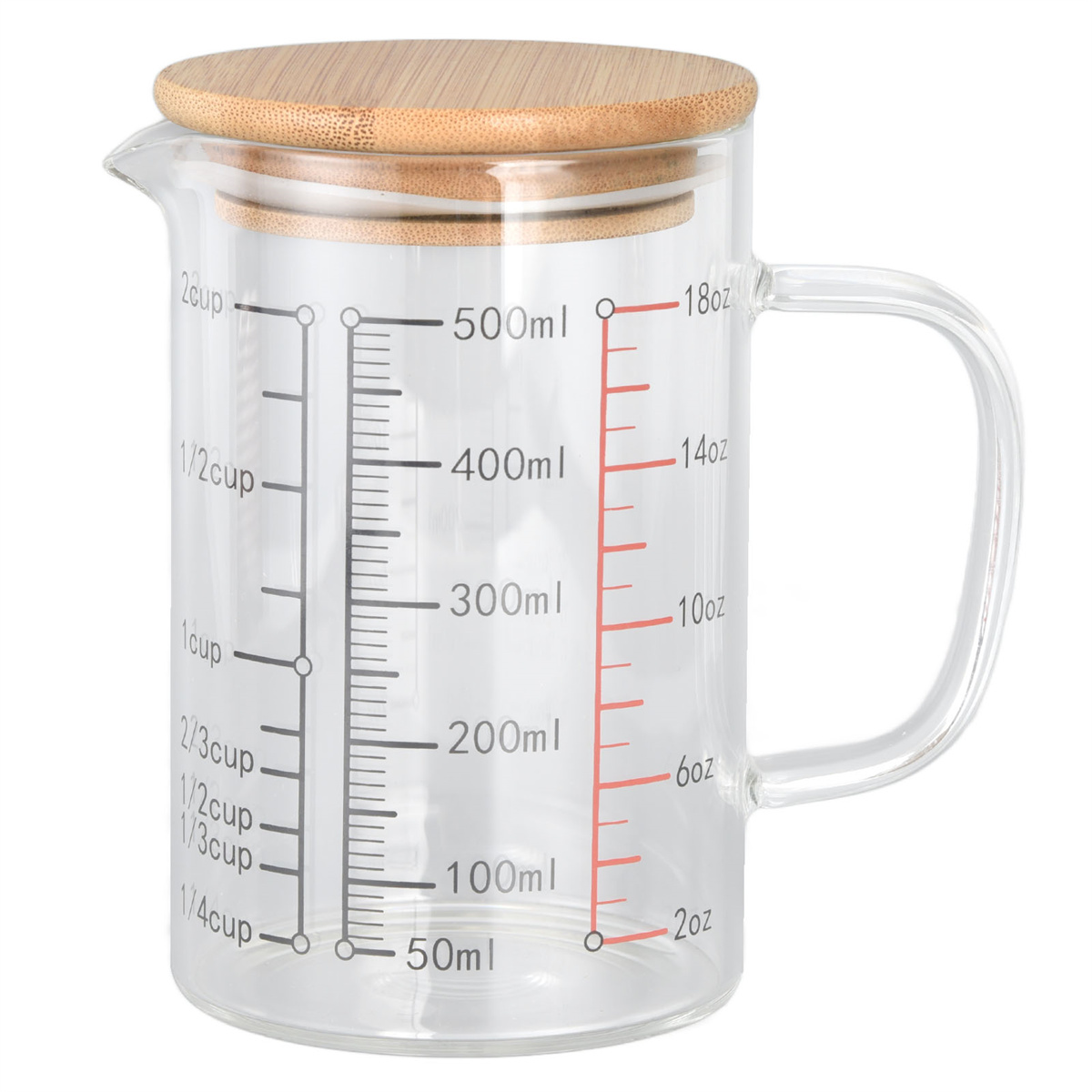 Ein Messbecher aus klarem Glas mit Holzdeckel und Griff. Er hat Messungen in ml und Tassen.
