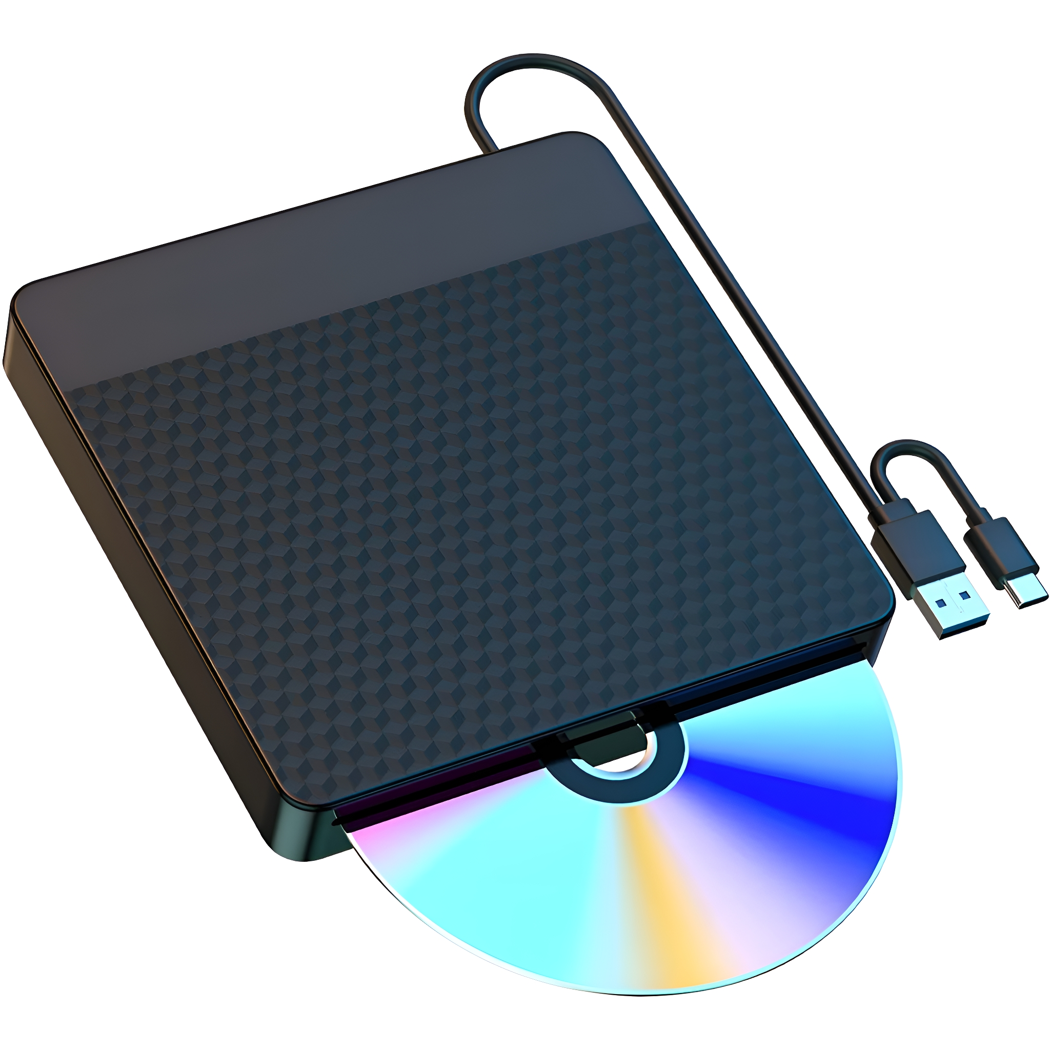 Schwarzes externes DVD-Laufwerk mit teilweise eingelegter Disc. USB-Kabel ist angeschlossen.