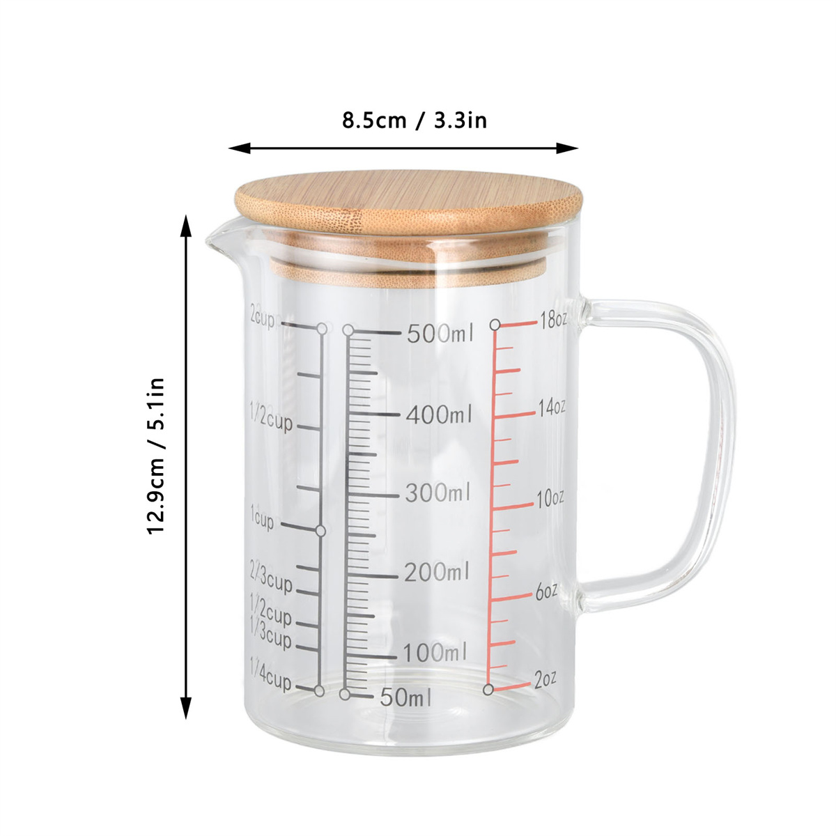 Ein Glas-Messbecher mit Holzdeckel. Er zeigt Messungen und Abmessungen.