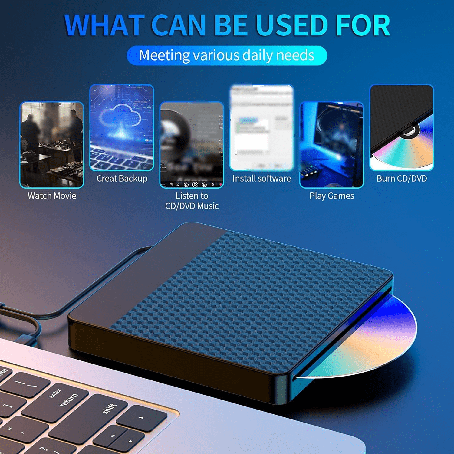 Ein schwarzes und blaues Gerät mit eingelegter CD/DVD. Das Bild zeigt verschiedene Anwendungen, darunter Filme, Backups und Spiele.