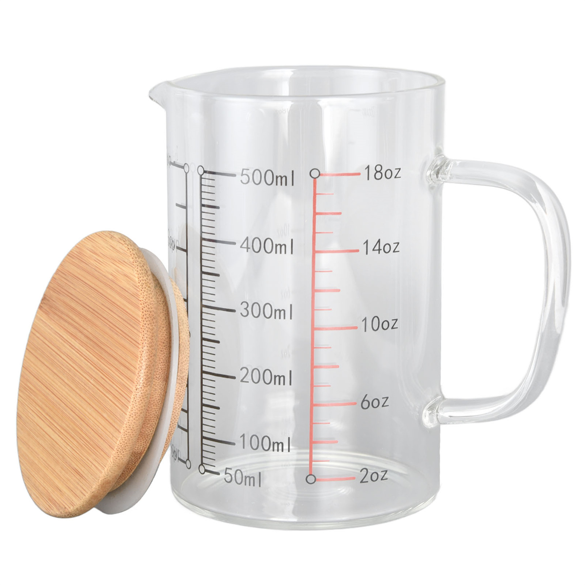 Klarer Glas-Messbecher mit Messungen in ml und oz. Er hat einen Holzdeckel und einen Griff.
