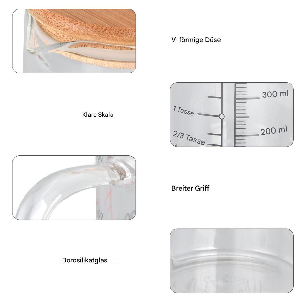 Nahaufnahme eines Glas-Messbechers mit Details der Skala und des Griffs.