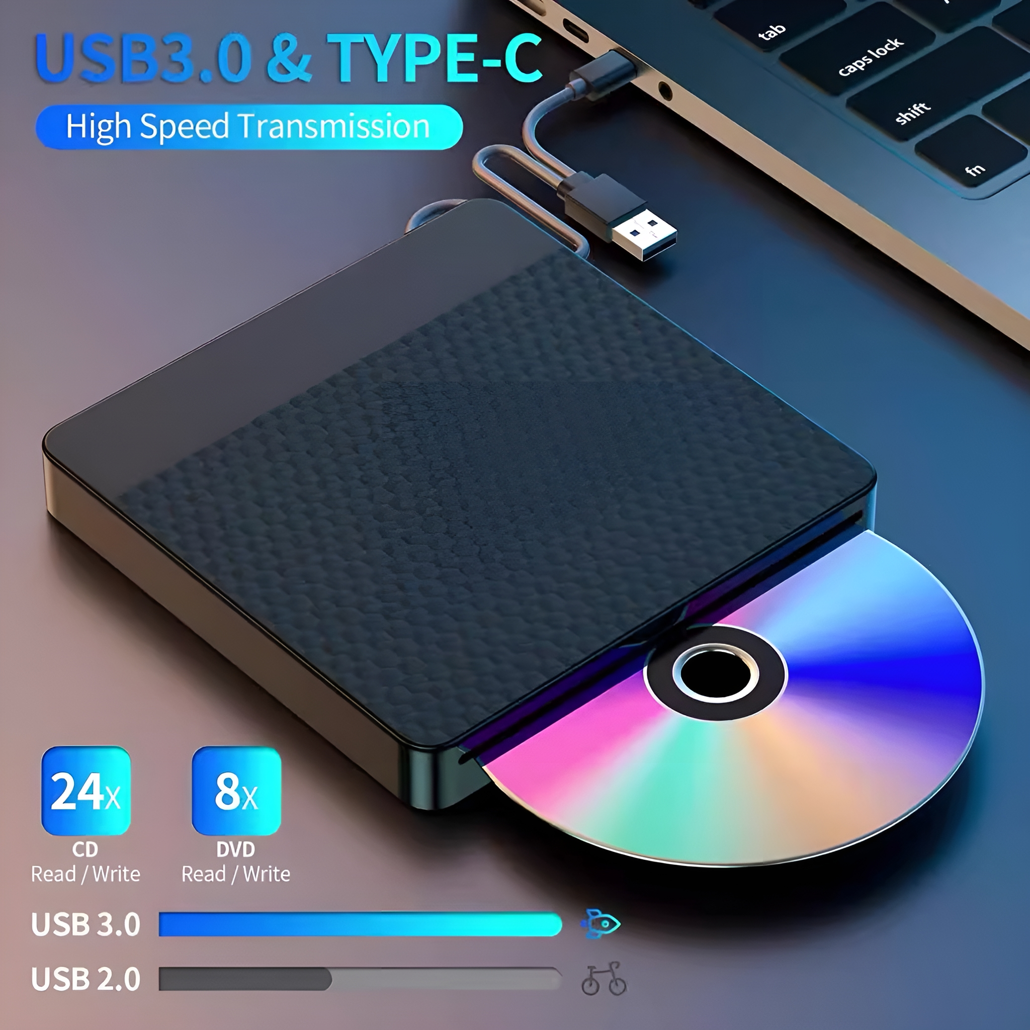 Schwarzes externes DVD-Laufwerk mit CD. Es ist über ein USB-Kabel mit einem Laptop verbunden. Text auf dem Bild.