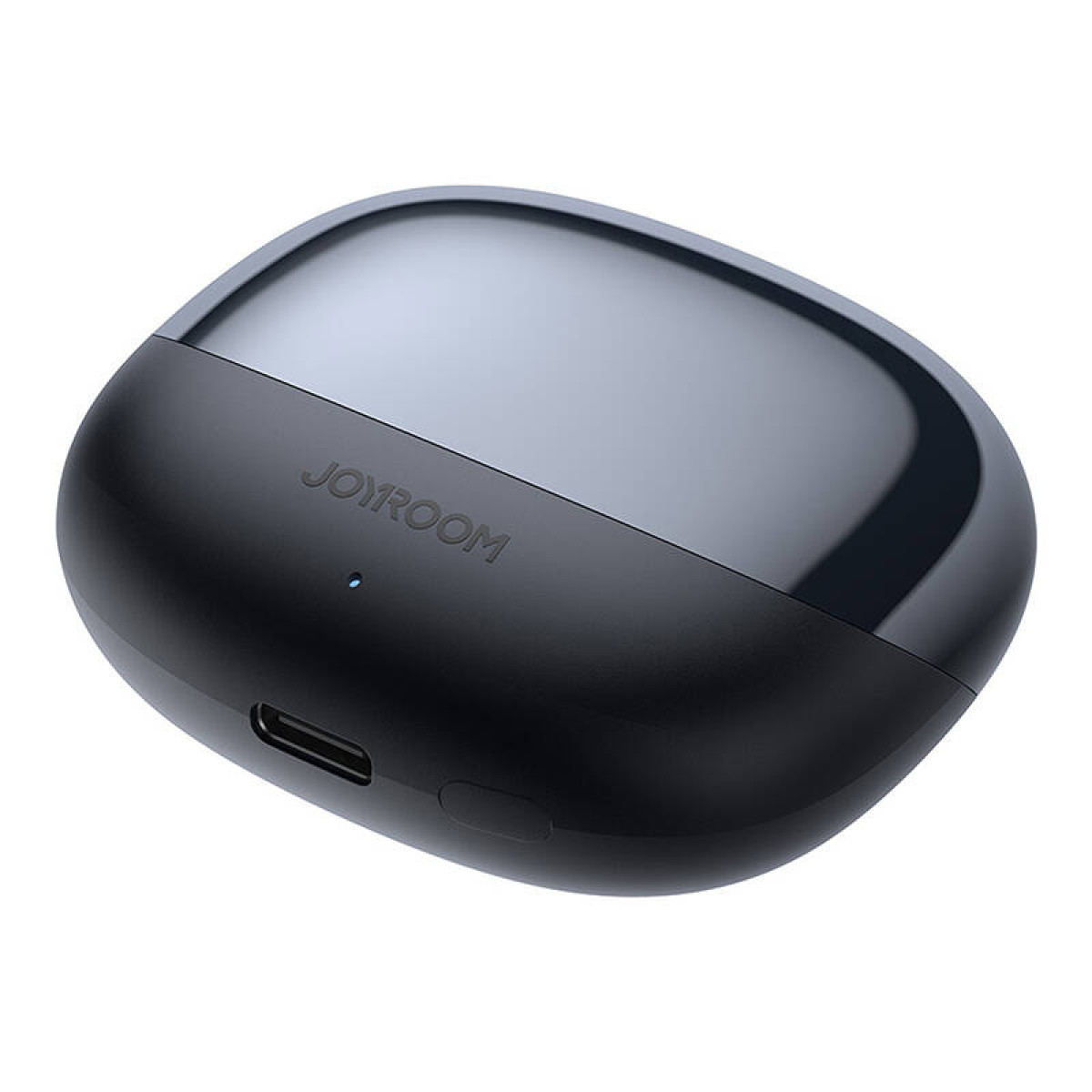 Schwarzes und graues Kopfhöreretui mit dem Markennamen JOYROOM. Es hat eine glänzende Oberseite und einen USB-C-Anschluss.
