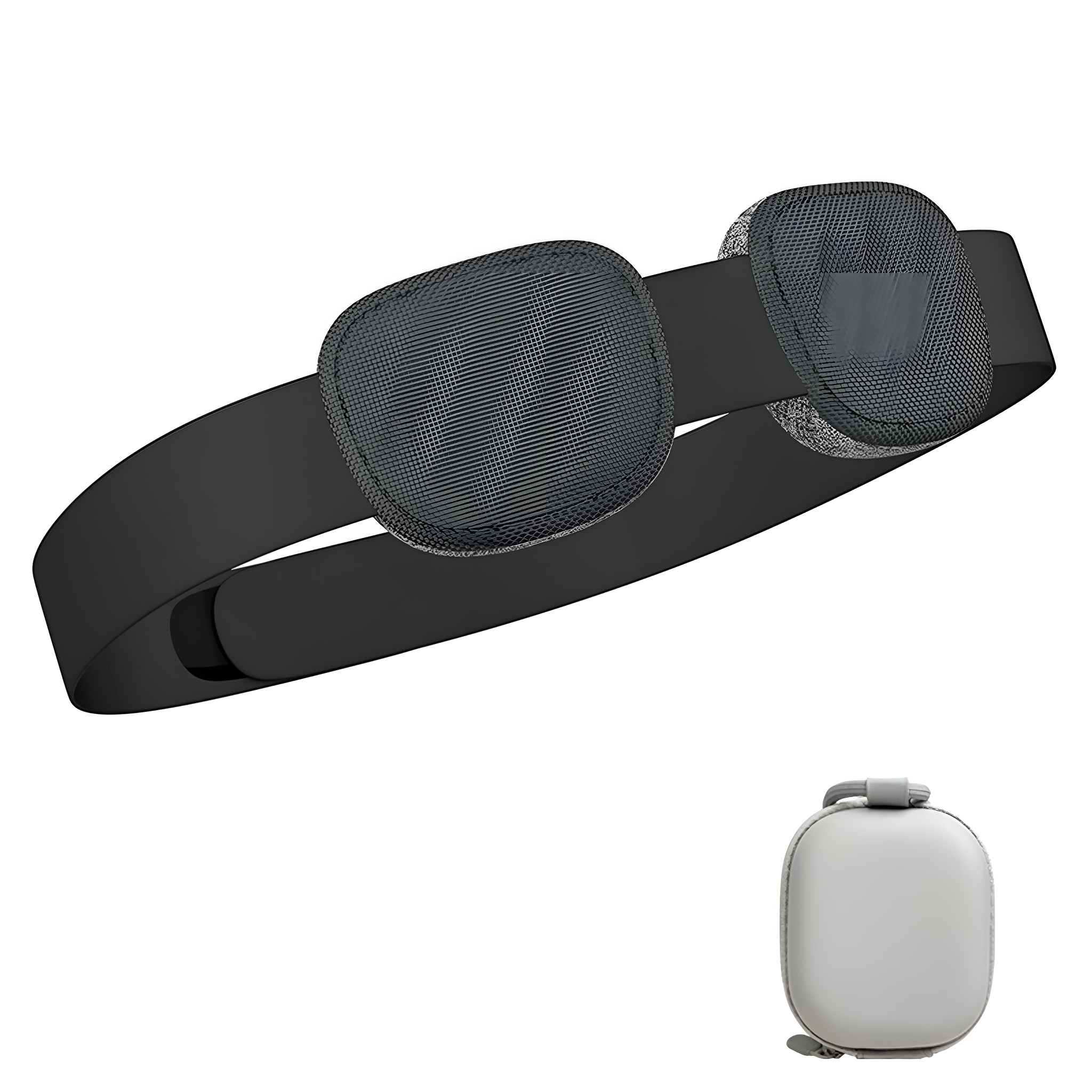 Schwarzes VR-Headset mit zwei kreisförmigen Polstern und einer Tragetasche.