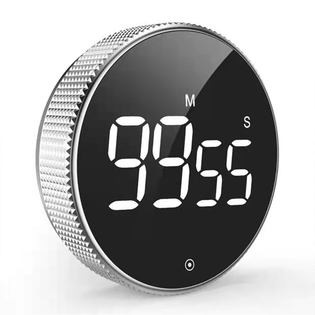 Runder schwarzer Timer mit silbernem Rand, der '99:55' anzeigt.