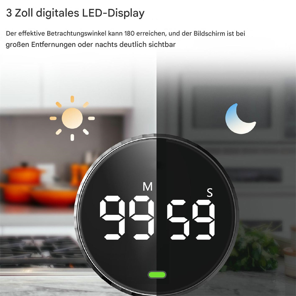 Digitaler Küchentimer mit schwarzem Gehäuse. Der Timer zeigt die Zahlen 99:59. Ein grünes Licht leuchtet.