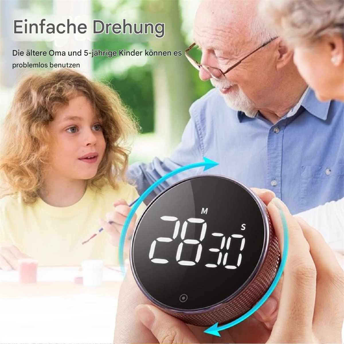 Ein digitaler Timer mit einem jungen Mädchen, einem älteren Mann und einer Frau im Hintergrund.