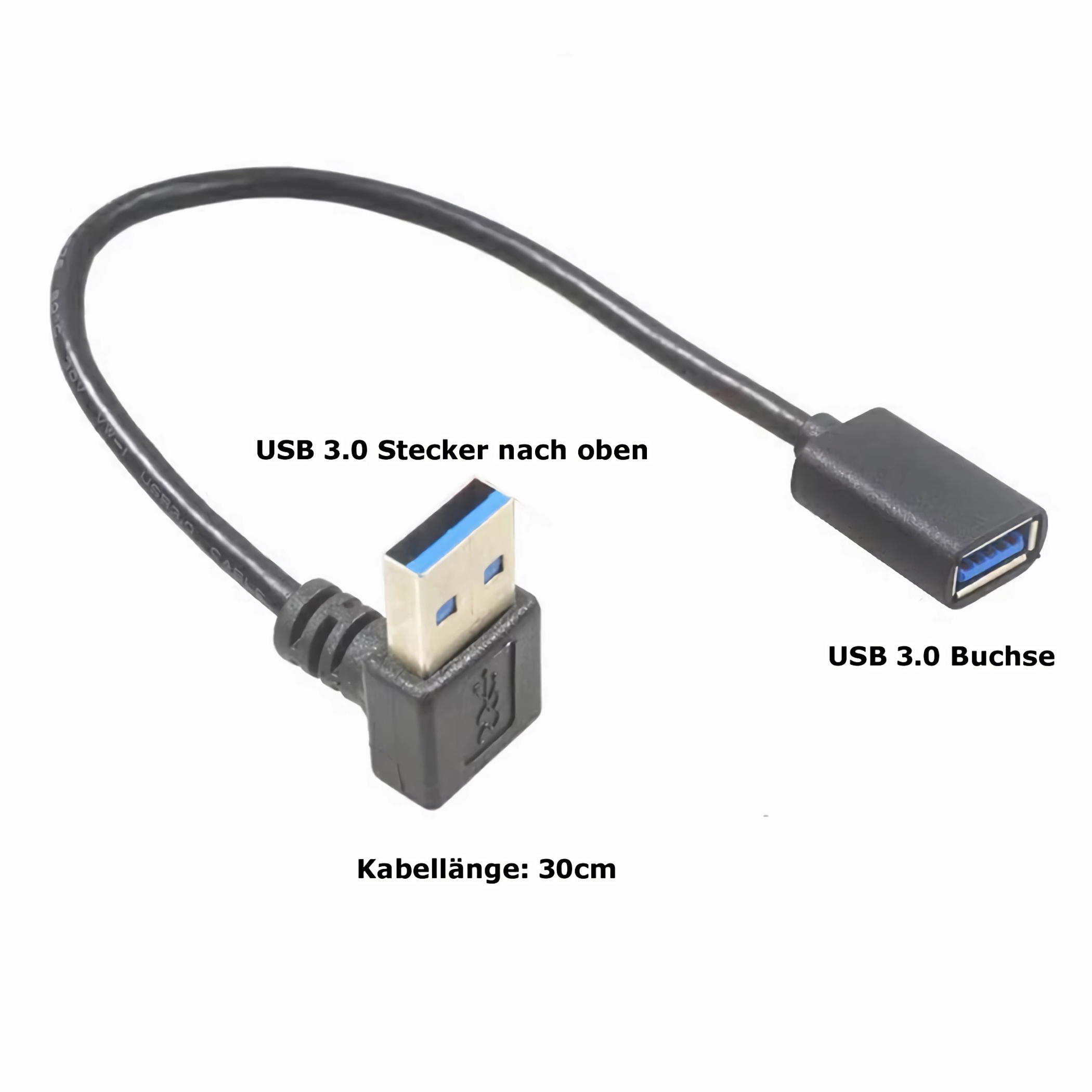 USB 3.0 Kabel mit rechtwinkligem Stecker und Buchse.