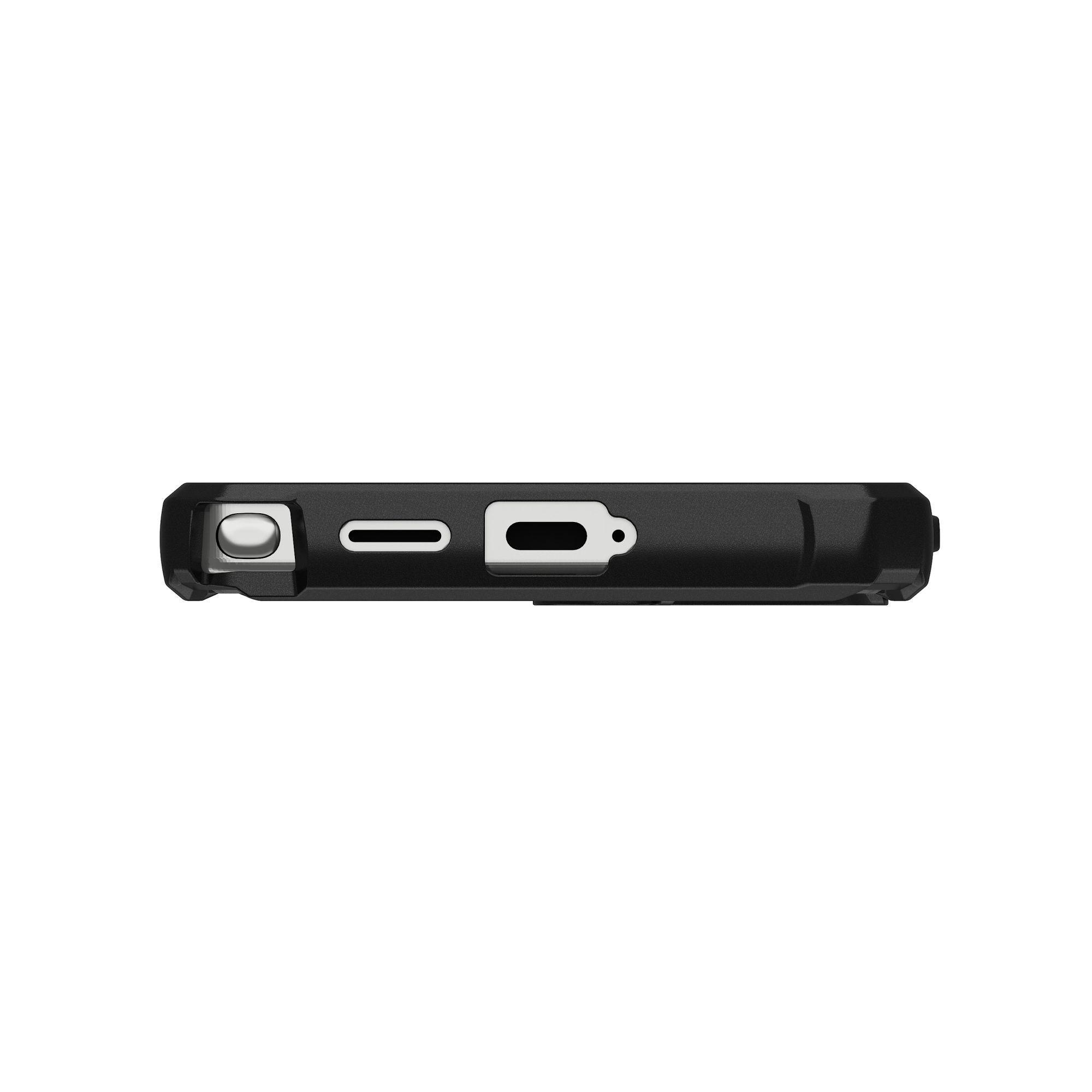 Vista laterale di una custodia nera per telefono con porte per la ricarica e altri accessori. È visibile anche un pulsante.