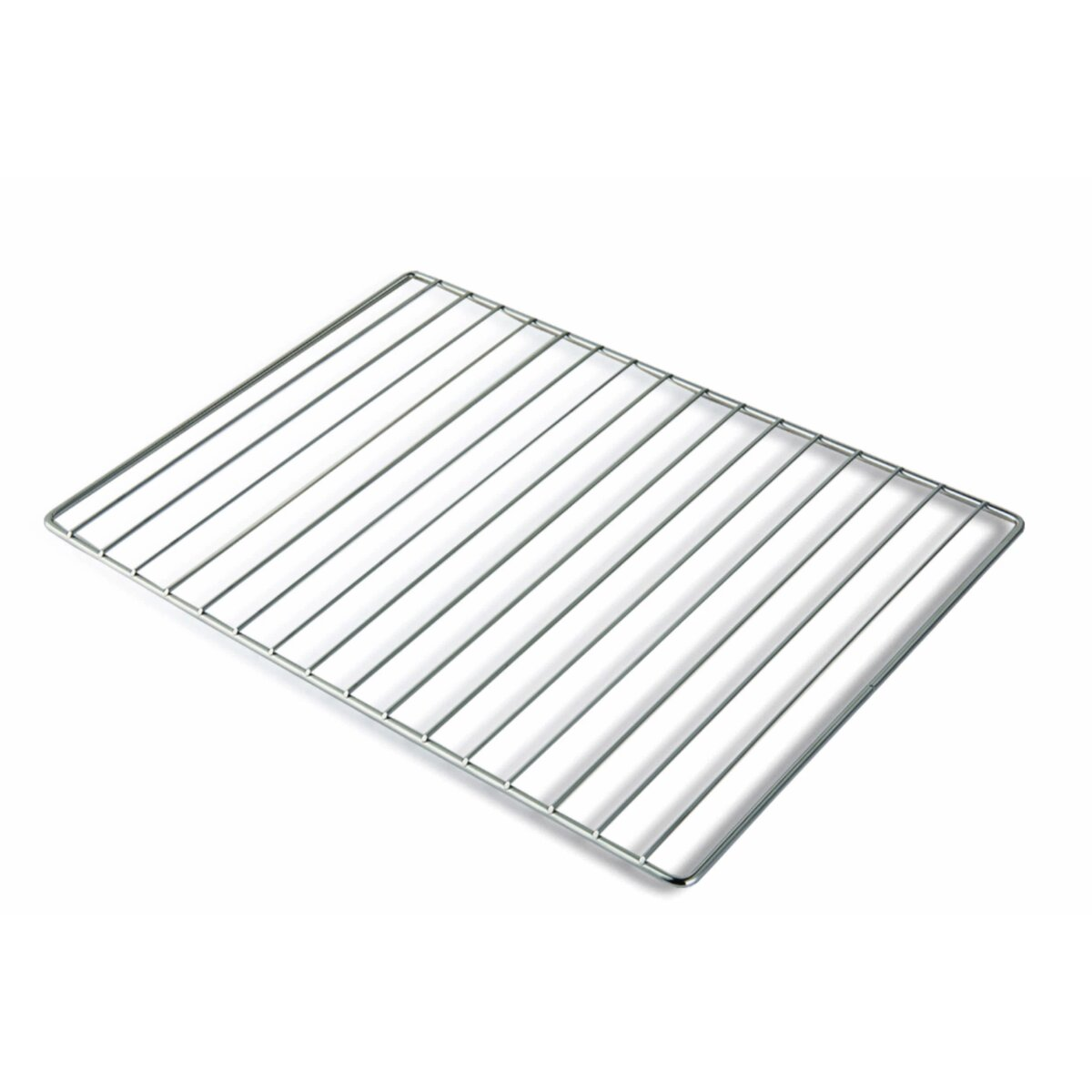 Srebrny metalowy ruszt piekarnika na białym tle.