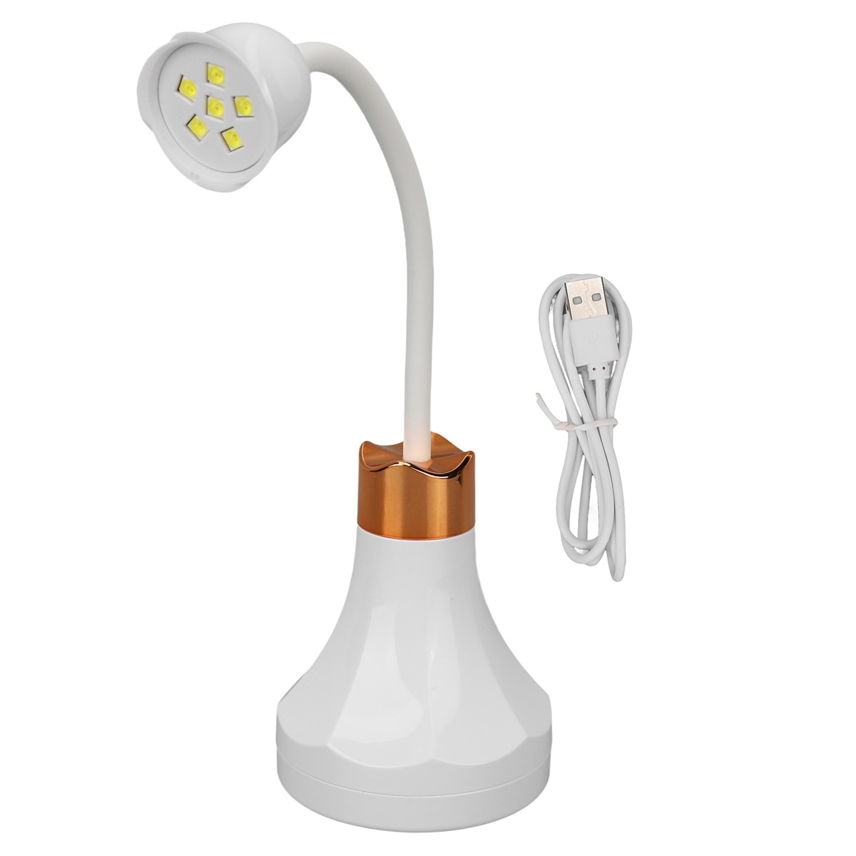 Weiße Nagellampe mit flexiblem Hals, Kupferbasis und USB-Ladekabel daneben.