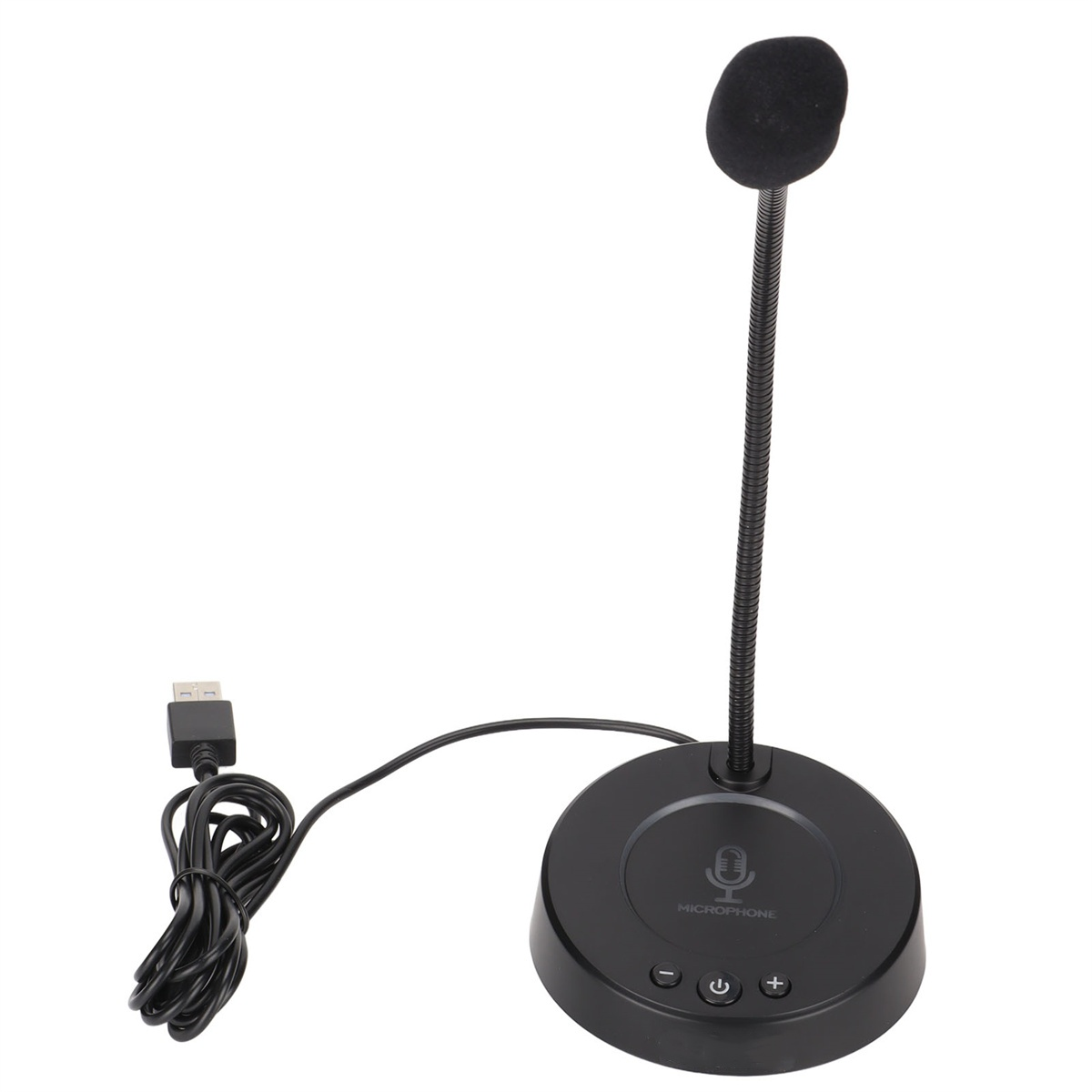 Ein schwarzes Mikrofon mit gebogenem Hals und Sockel. Ein USB-Kabel ist angeschlossen.