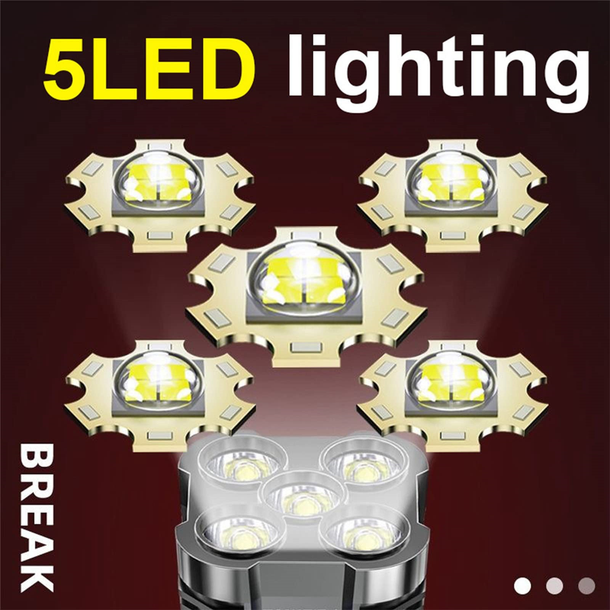 Nahaufnahme von fünf LED-Leuchten in Sternform. Die Lichter befinden sich auf einer metallischen Oberfläche mit BREAK-Text.