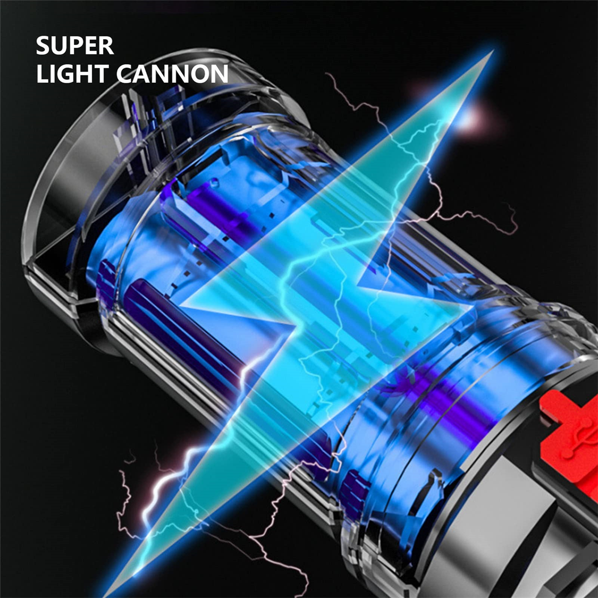 Nahaufnahme eines Geräts mit blauem Blitz-Effekt und den Worten: SUPER LIGHT CANNON.