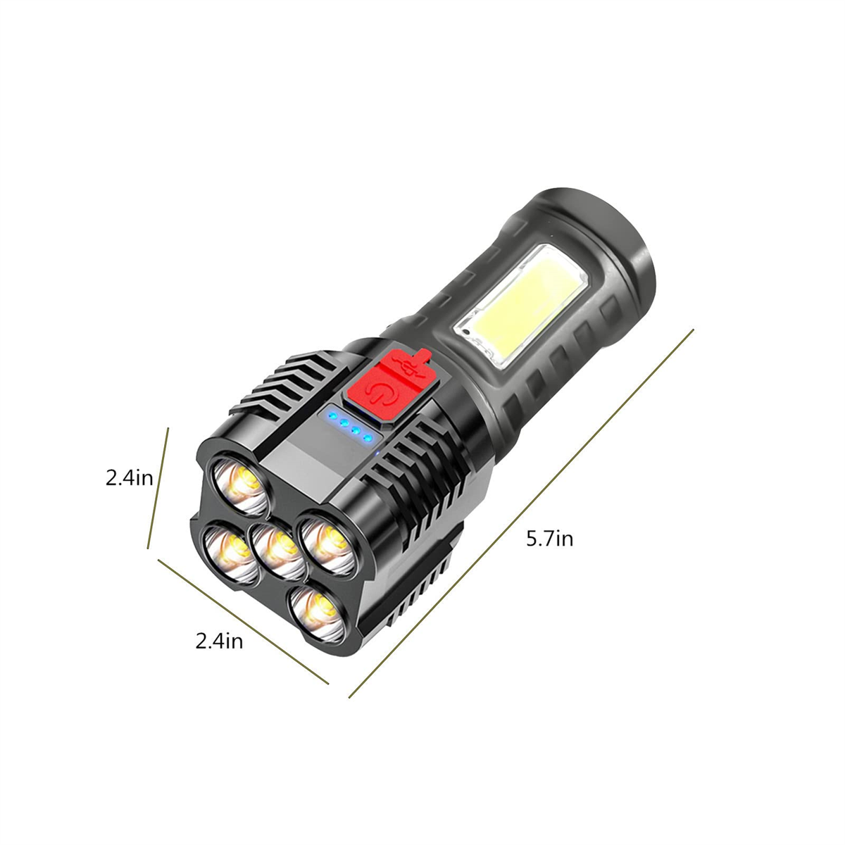 Eine schwarze Taschenlampe mit mehreren LED-Leuchten und einem Ein-/Ausschalter, mit Abmessungen.