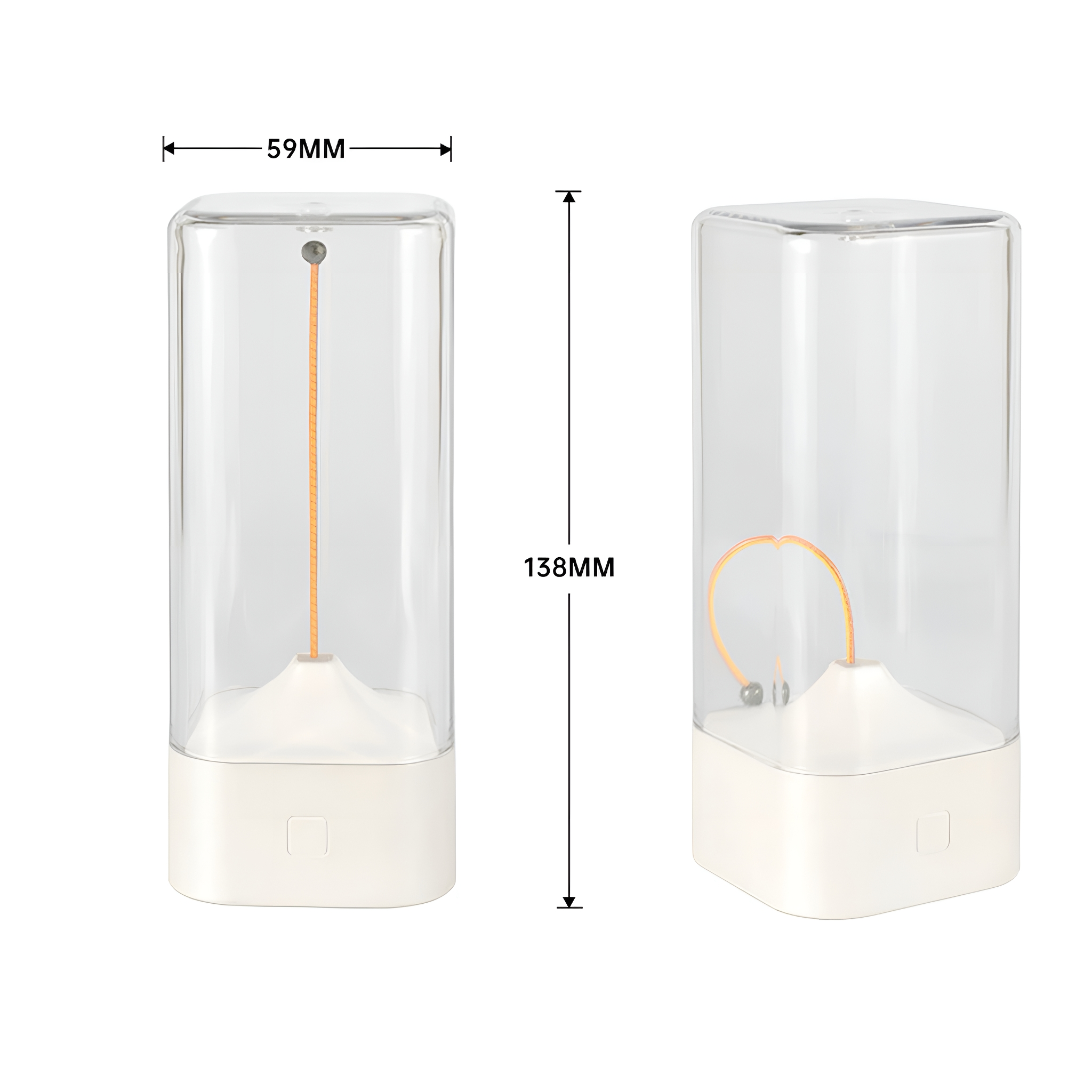 Zwei transparente Lampen mit weißen Sockeln. Eine hat ein gerades Licht, die andere ein gebogenes.