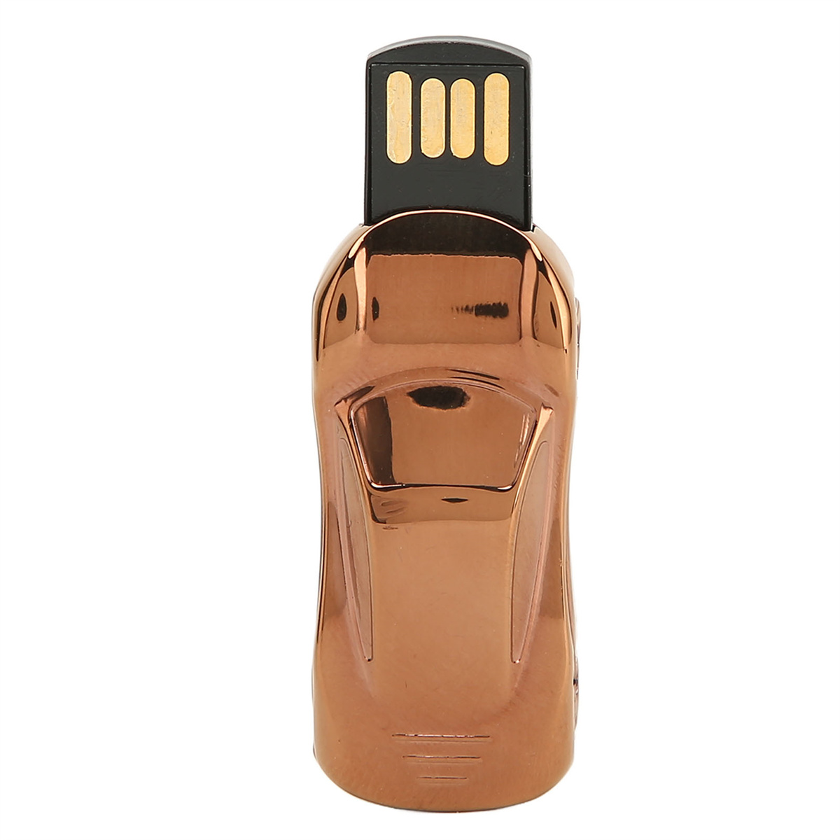 Kupferfarbener USB-Stick in Form eines Sportwagens mit schwarzem USB-Anschluss.