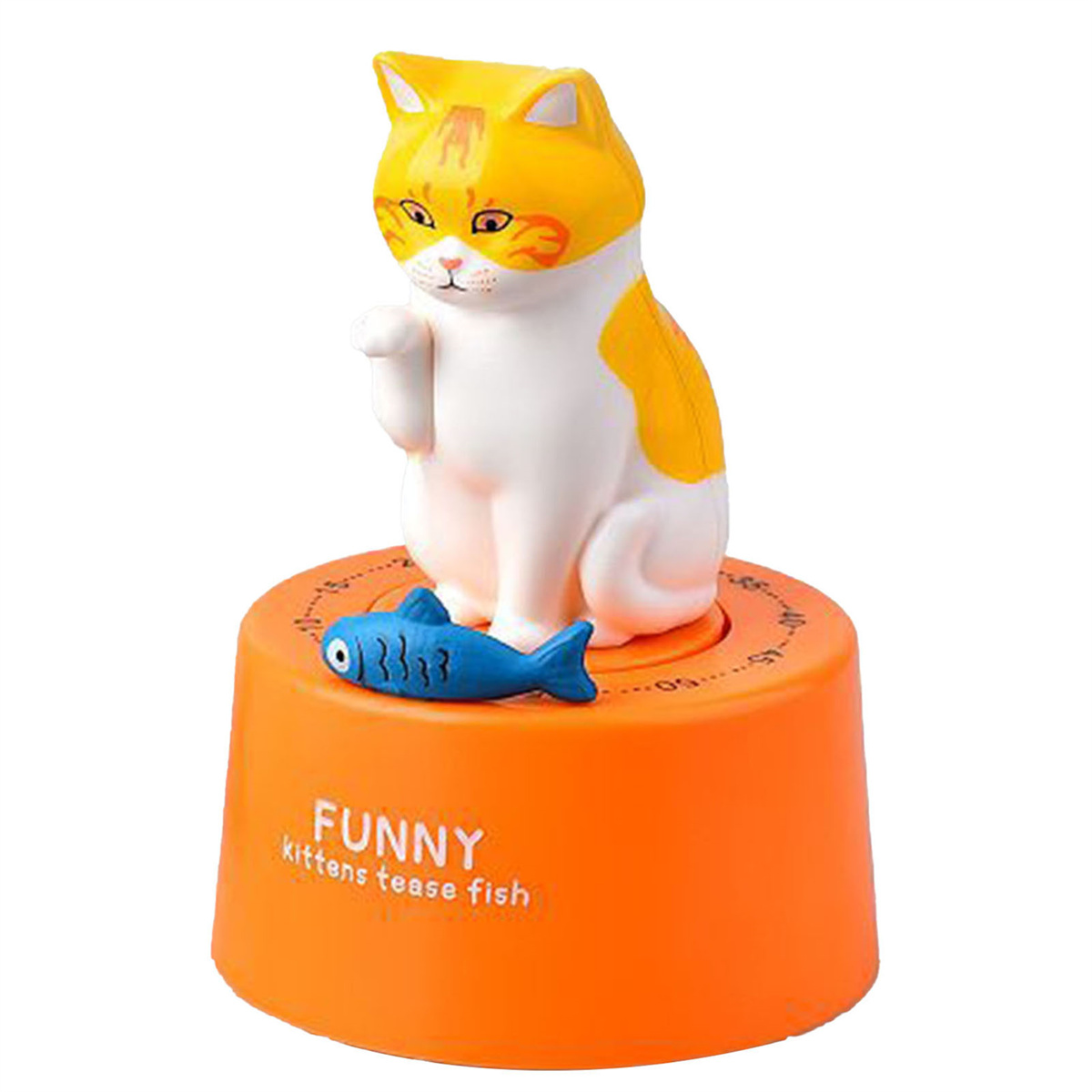Orangener Katzentimer mit blauem Fisch, weißer Hintergrund.