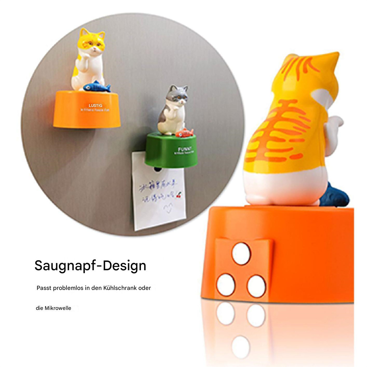 Katzenfiguren auf Magneten, mit Text auf den Magneten und einem orangen Ständer.